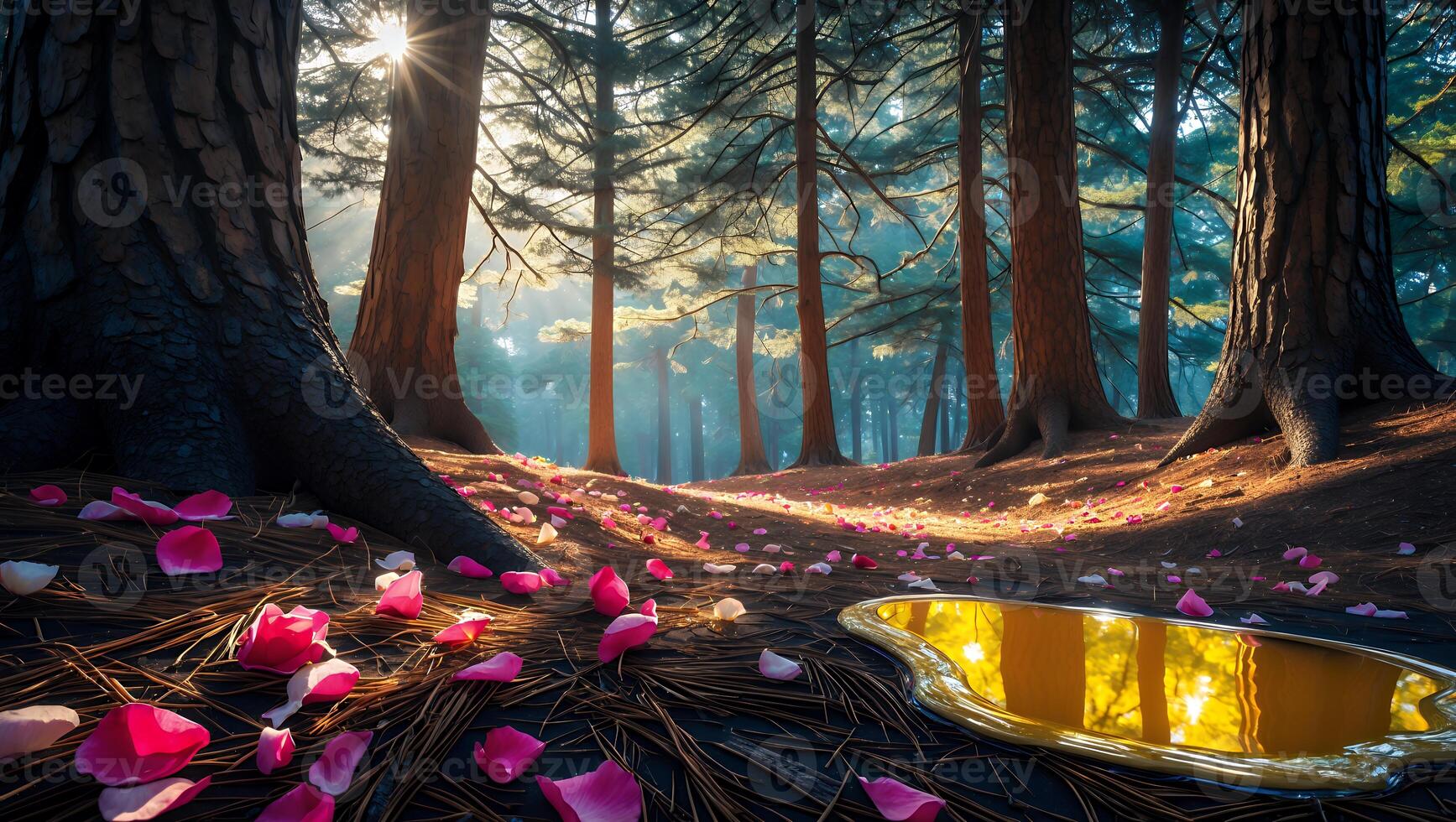 Forest Floor with Rose Petals and Gold Mirror Reflection of Sunlight photo