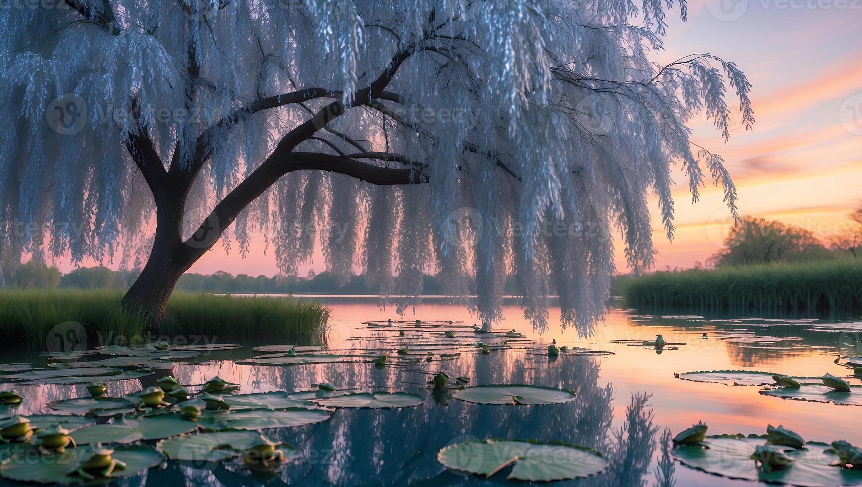 Willow Tree Overhanging Still Lake Water at Sunset with Lily Pads photo