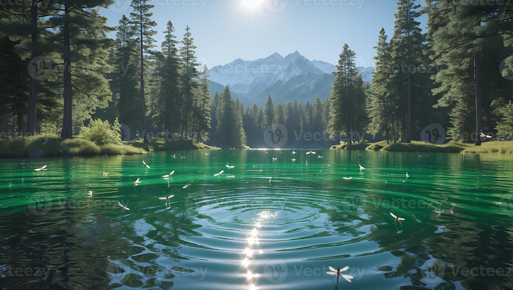 Lake Ripples Sparkling in Sunlight Surrounded by Evergreen Trees and Mountains photo