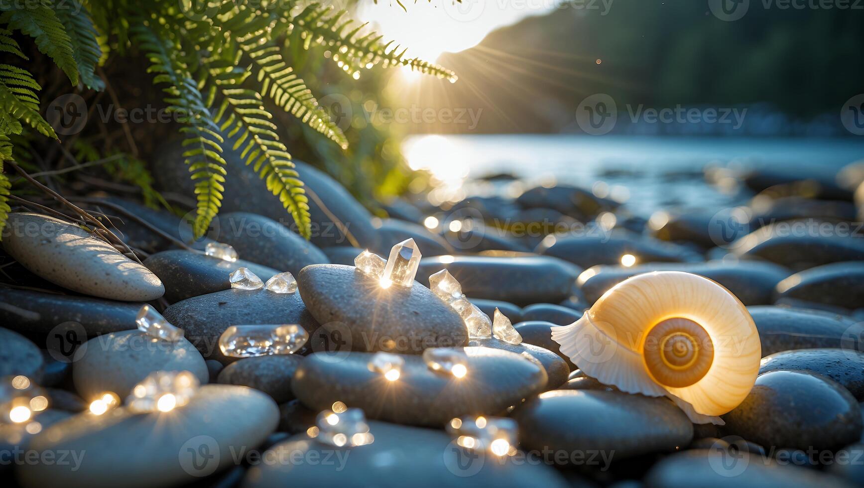 Shell and Crystals on River Rocks at Sunset with Fern Fronds photo