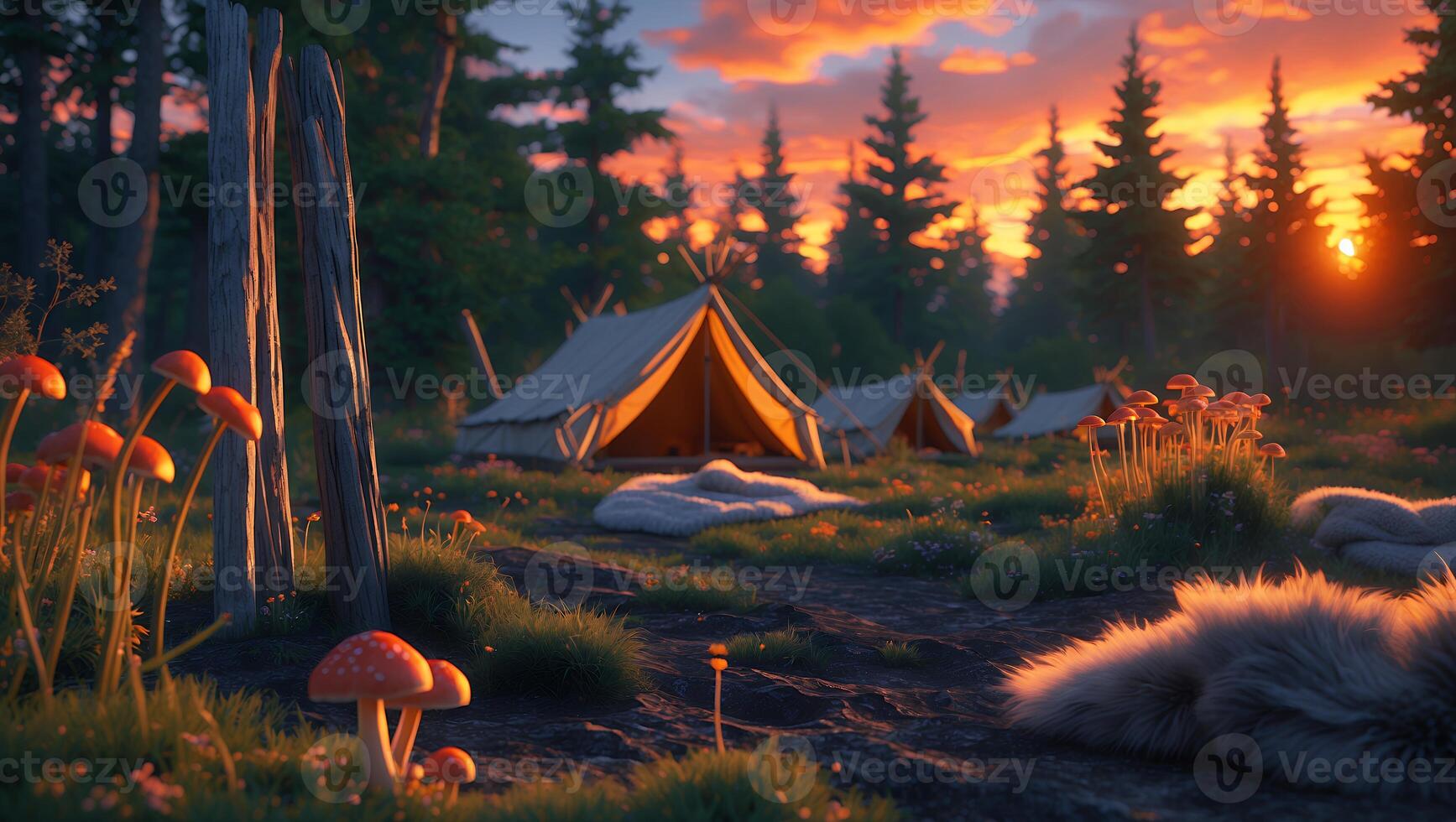 Camping Tents at Sunset Surrounded by Nature and Mushroom Patches photo