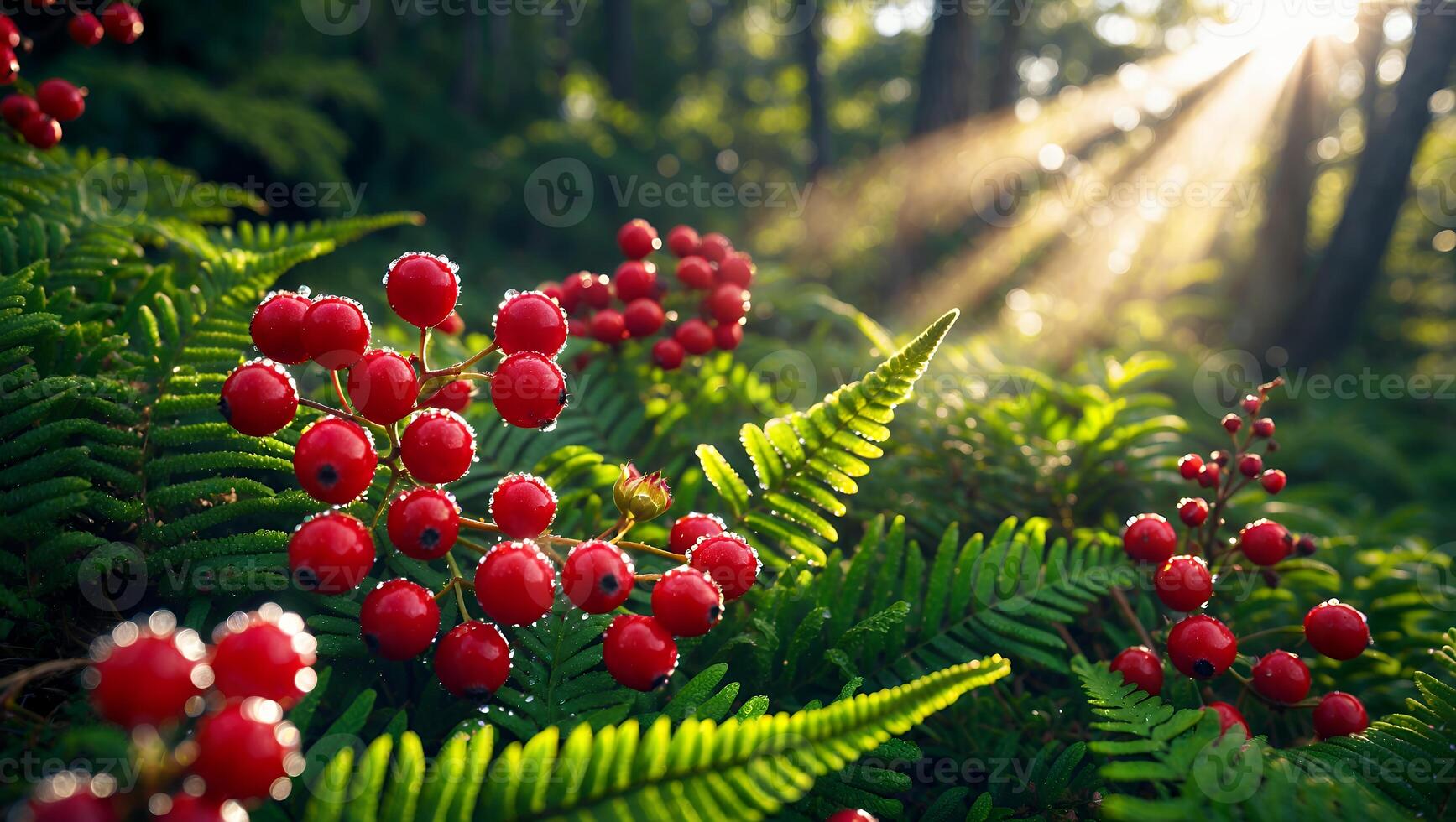 Red Berries and Ferns in Forest with Sunlight Streaming Through Trees photo