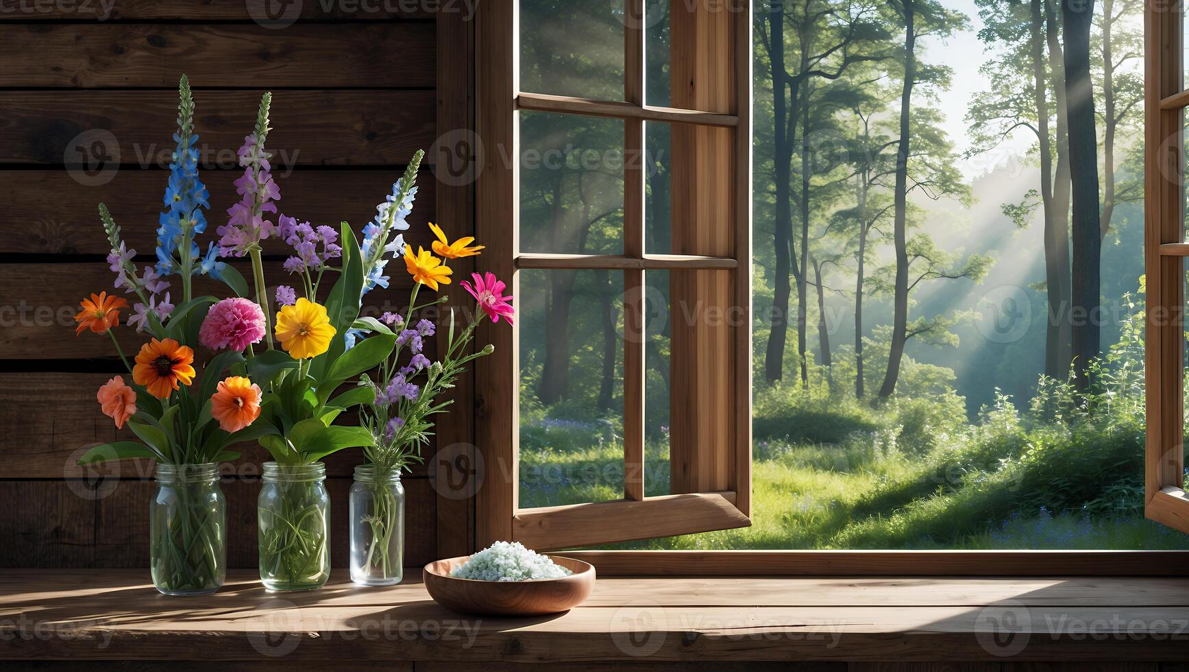 Flowers in Jars Near Open Window with Forest View photo