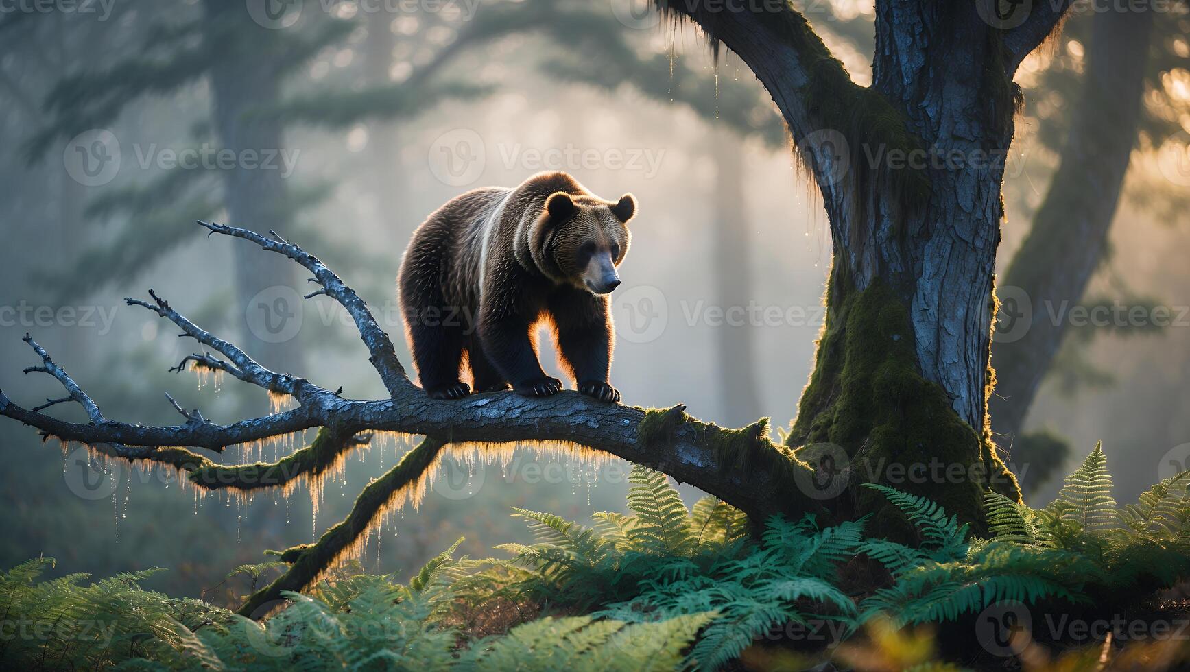 Standing Bear on Branch Looking Alert in Foggy Forest Setting photo