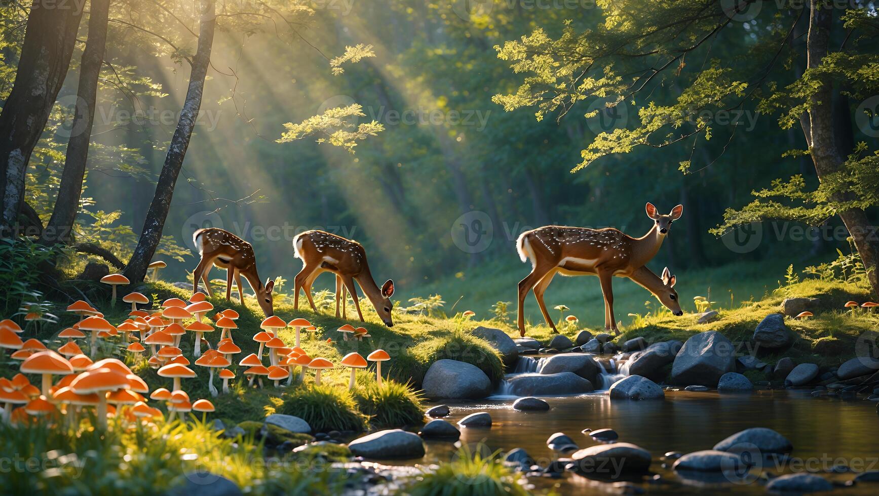 Deer Grazing Near Forest Stream with Sun Rays and Mushrooms photo