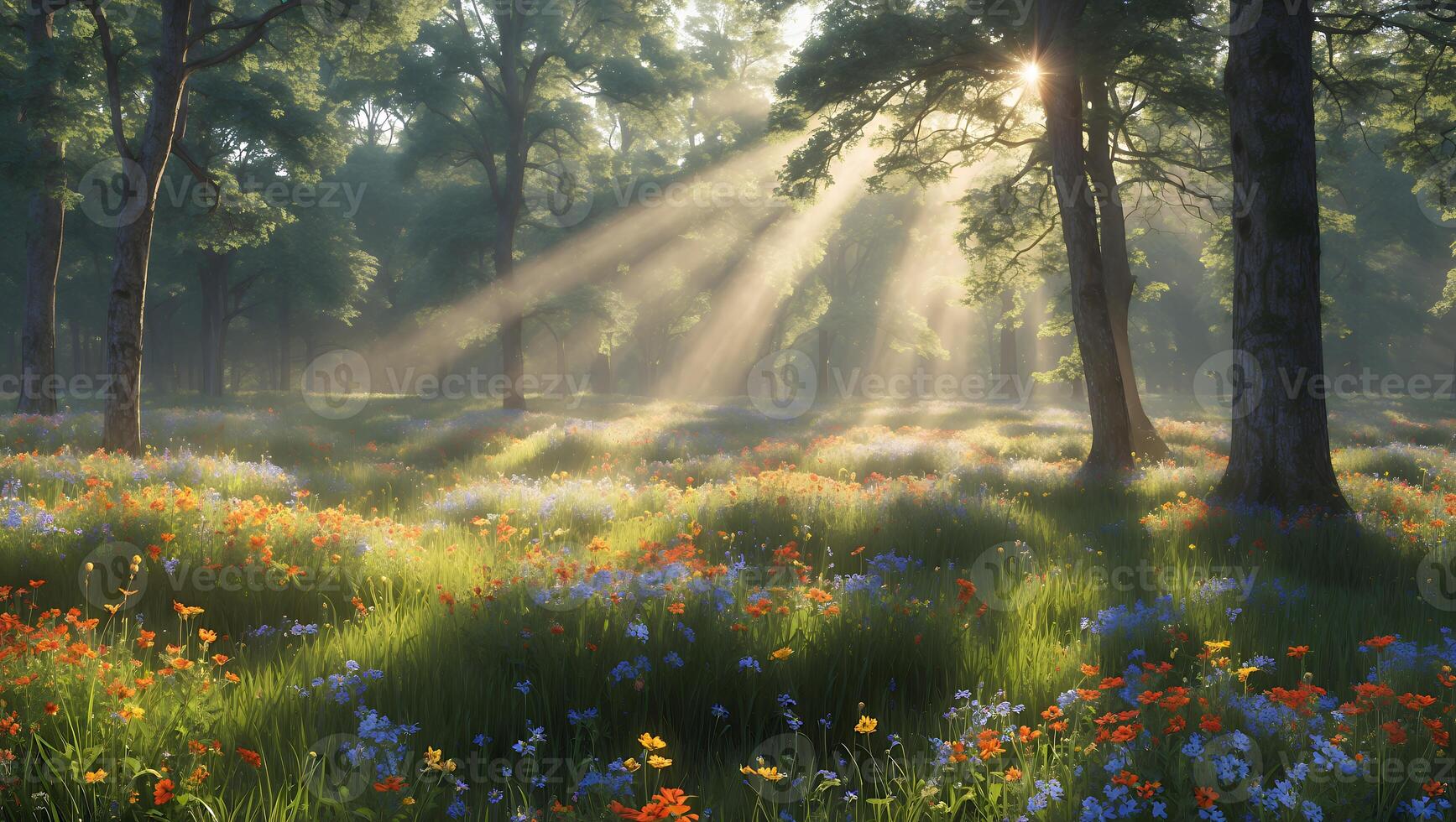 Sunlight Streaming Through Forest Trees Illuminating a Field of Flowers photo