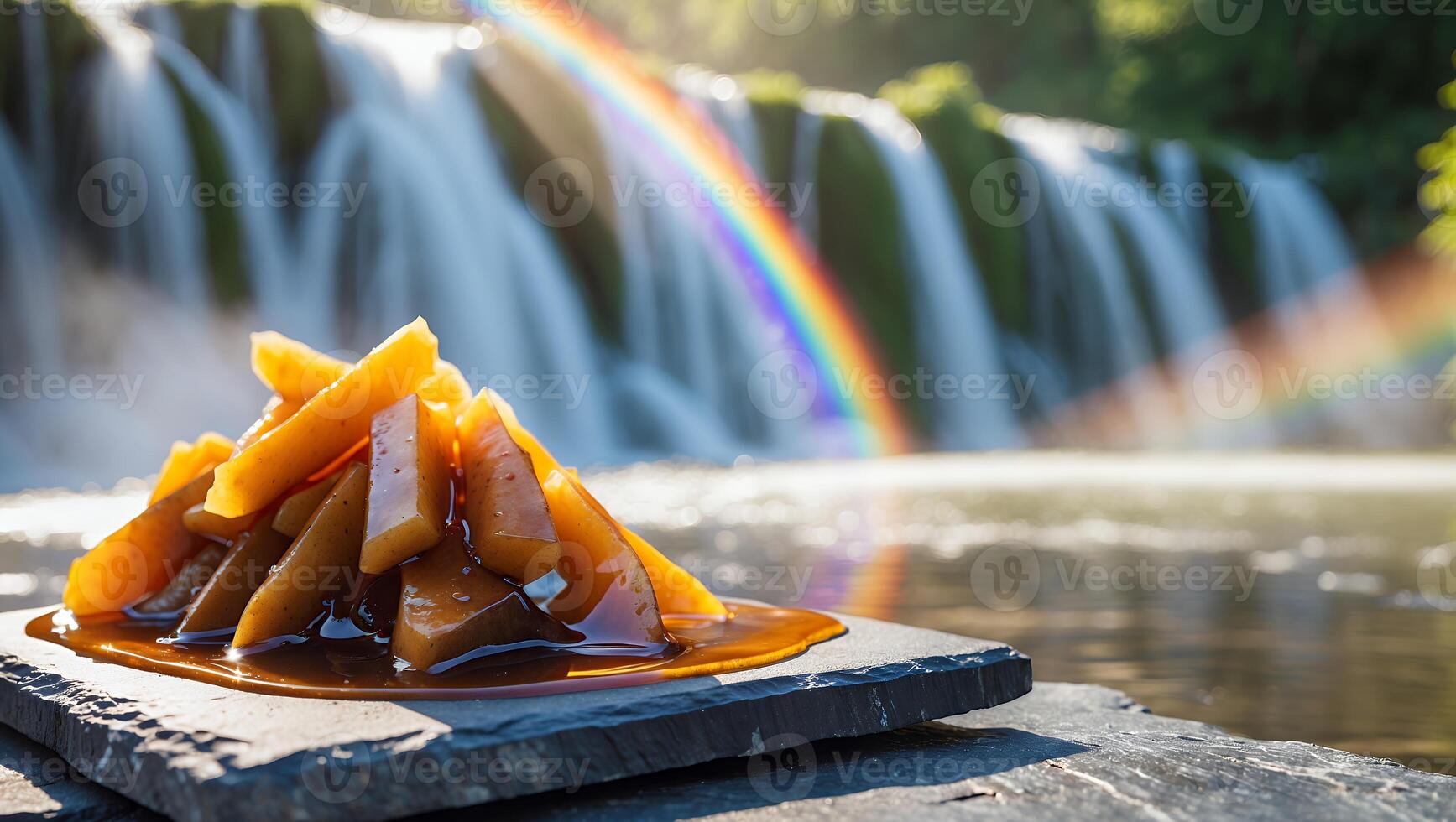 Caramelized Fruit Pieces Stacked at Scenic Waterfall with a Rainbow photo