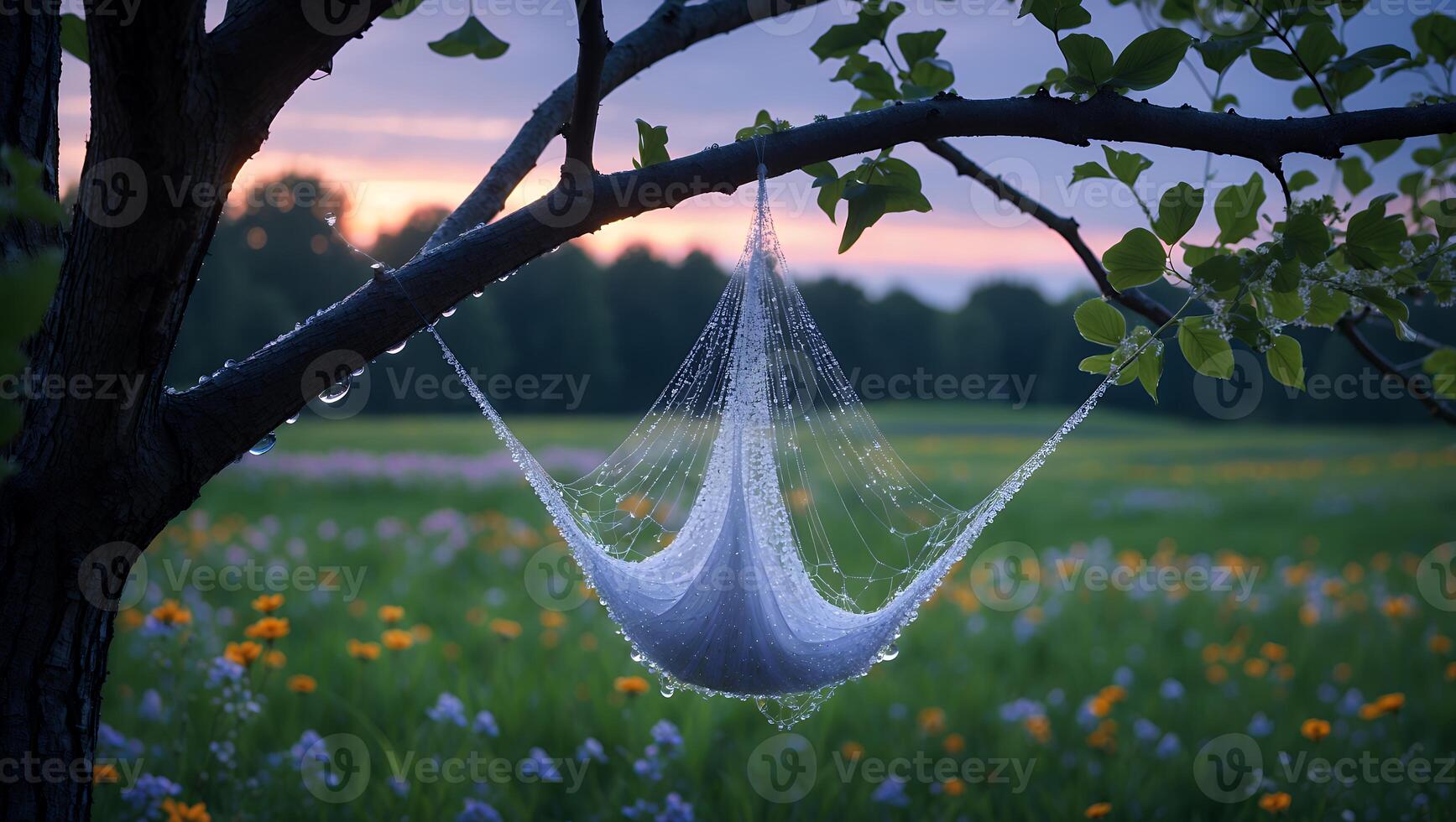 Hanging Hammock Under a Tree in a Field at Dusk photo