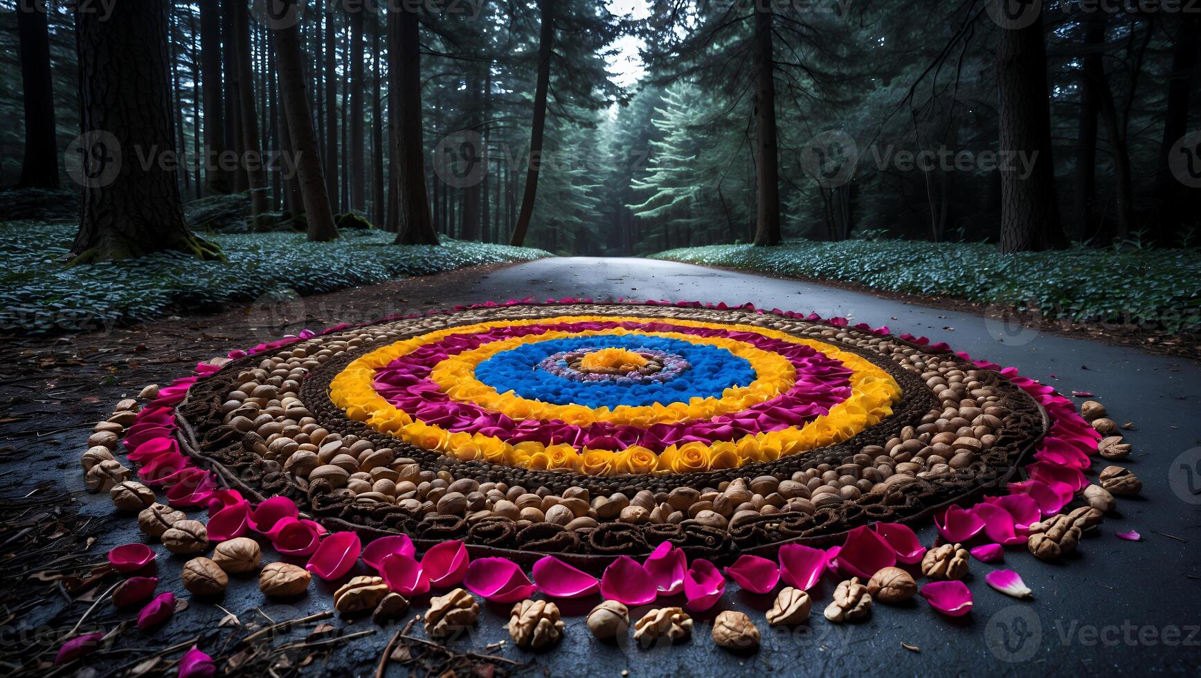 Creating Circle Art with Flowers and Nuts on Forest Road photo
