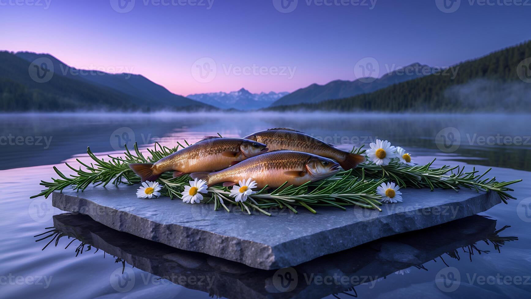 Fresh Fish Displayed with Rosemary and Daisies by Lake at Sunset photo