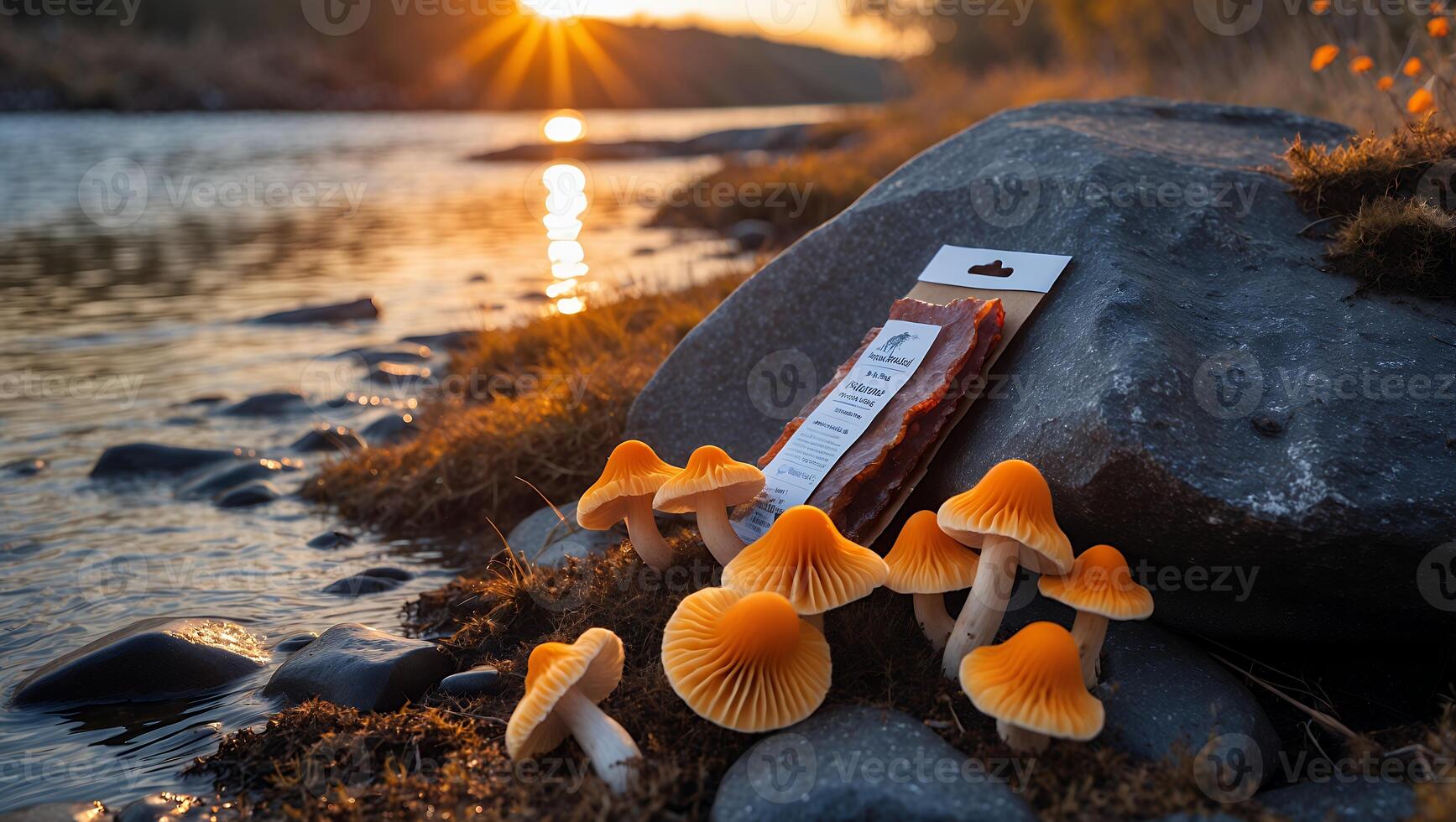 Orange Mushrooms and Snack by Lakeside at Sunset Peaceful Nature Scene photo