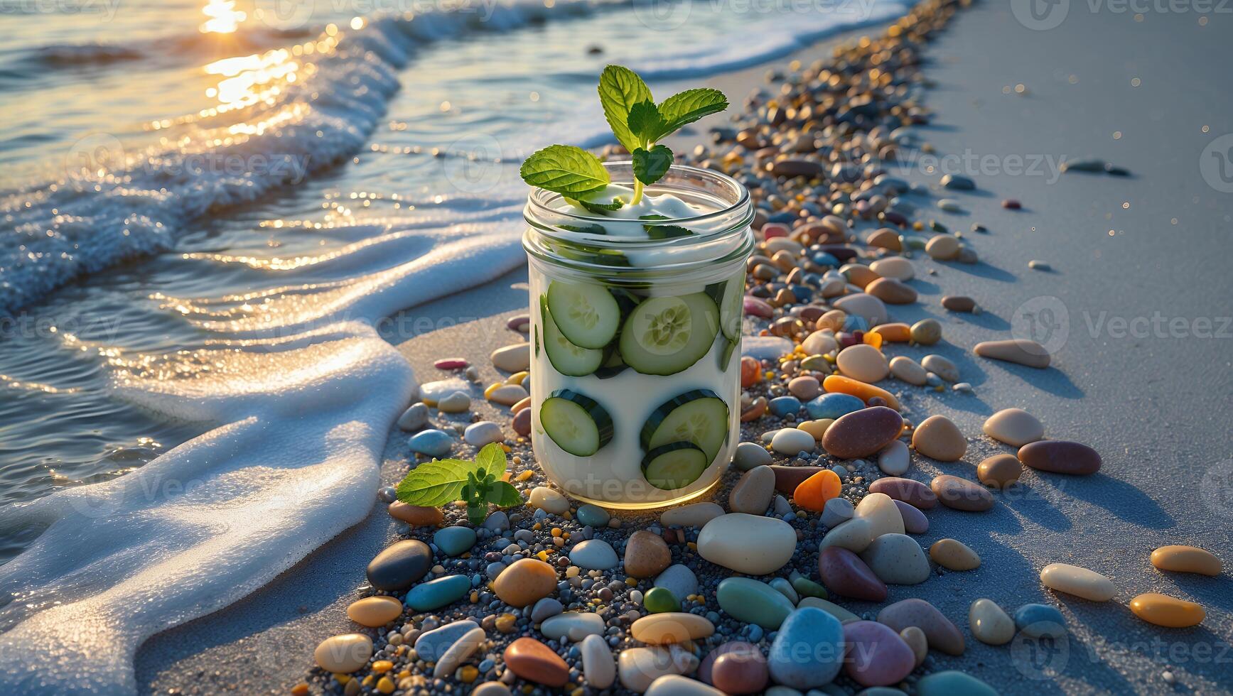 Refreshing Cucumber and Yogurt Jar on a Pebble Beach at Sunset photo