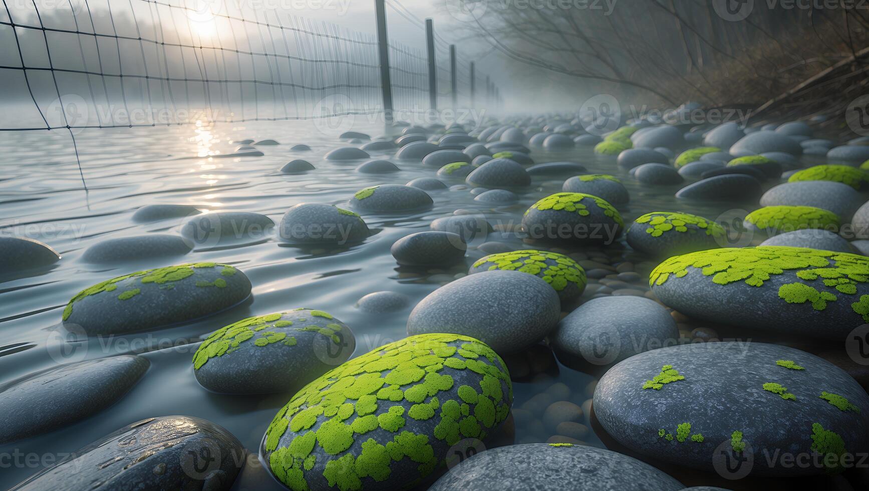Stones in Water with Moss and Mist Creating a Calm Scenery photo