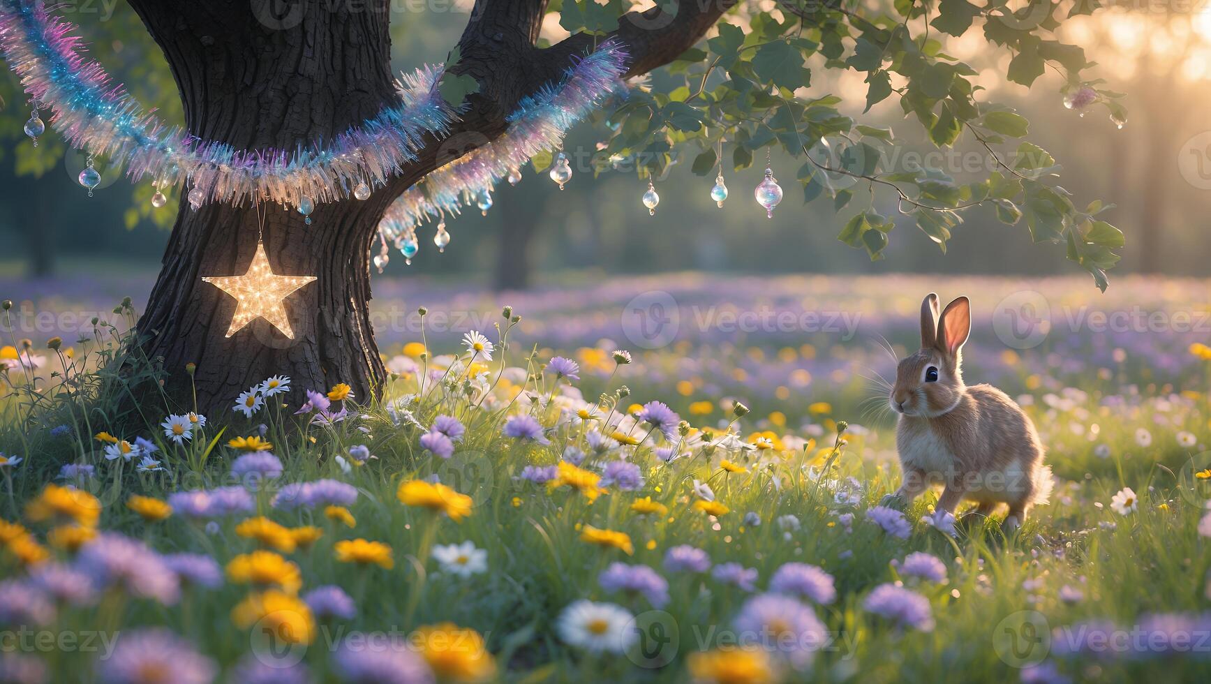 Rabbit Running in Field of Flowers Decorated with Star and Garland photo