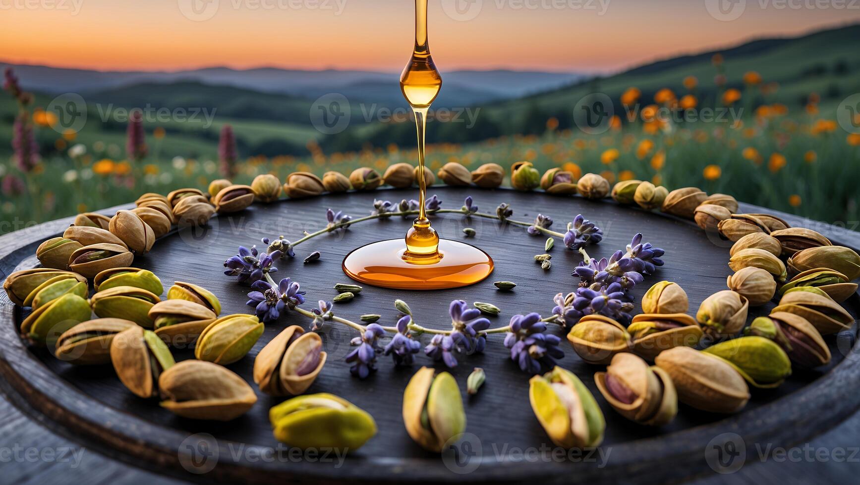 Pouring Honey Over Pistachios and Lavender on Wooden Table Landscape photo