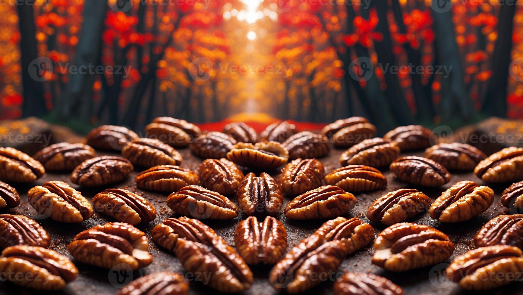 Pecan Nuts on Display with Autumn Forest Backdrop Food Concept photo