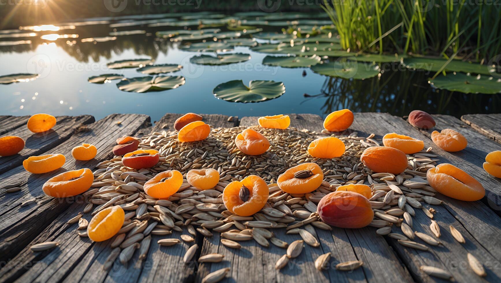 Arrangement of Dried Apricots and Seeds on Wooden Dock by Lake photo
