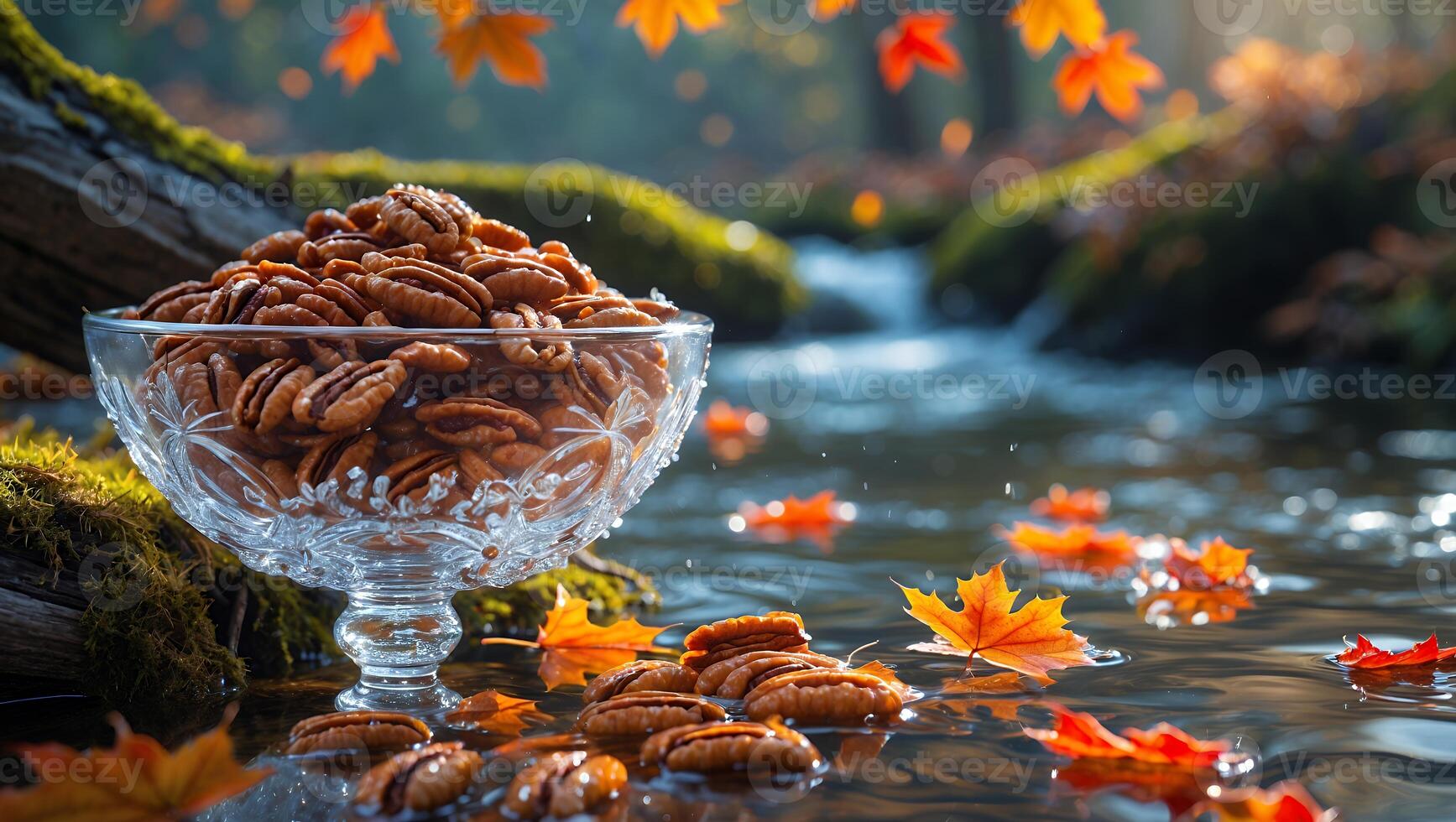 Pecan Nuts in a Glass Bowl by a Stream in Autumn photo