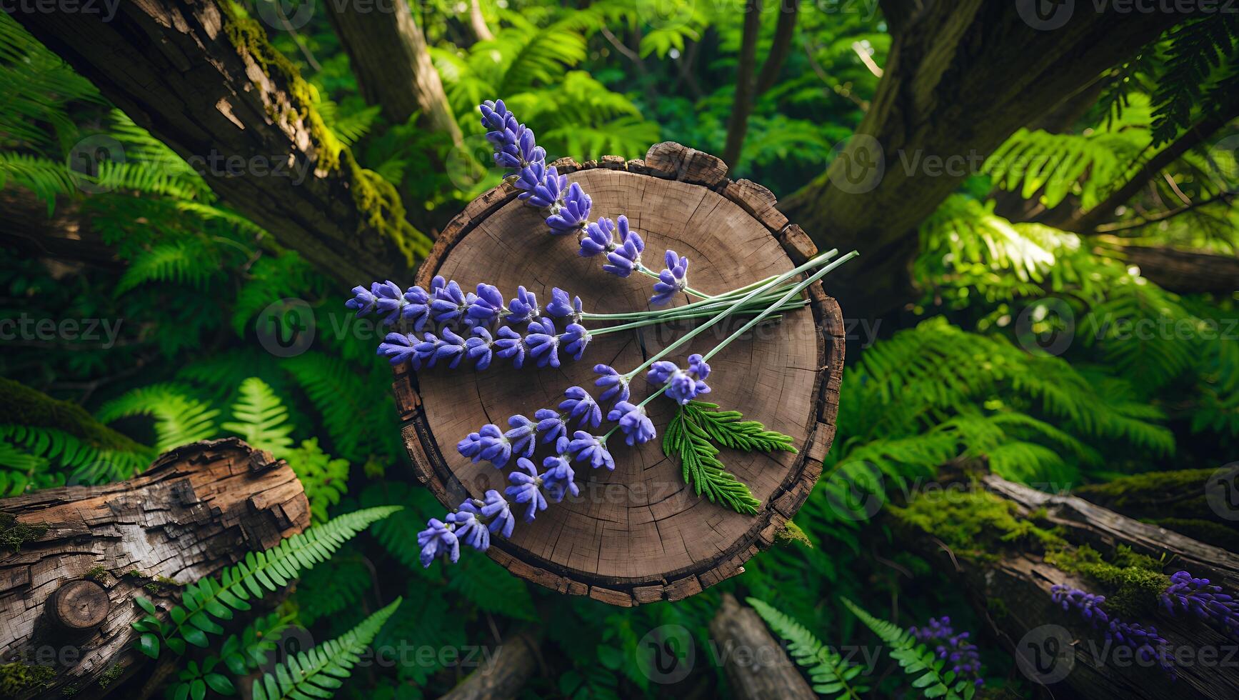 Lavender Flower Arrangement on Tree Stump in Forest Setting Top View photo