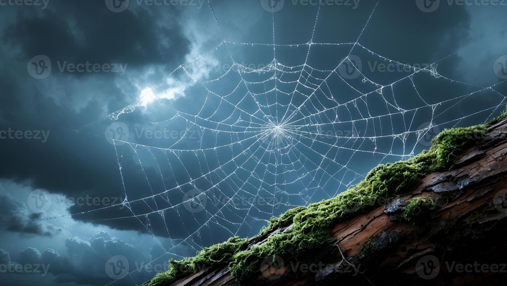 Spiderweb on Mossy Log with Dramatic Sky Perfect for Halloween photo