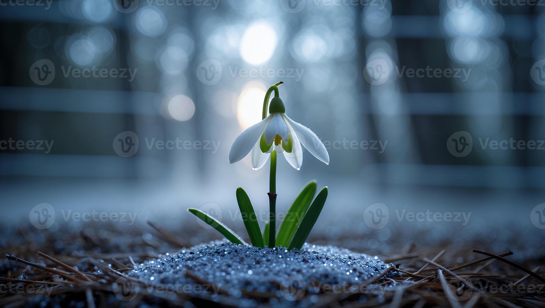 Snowdrop Flower Growing Through Cold Ground in Early Springtime Light photo