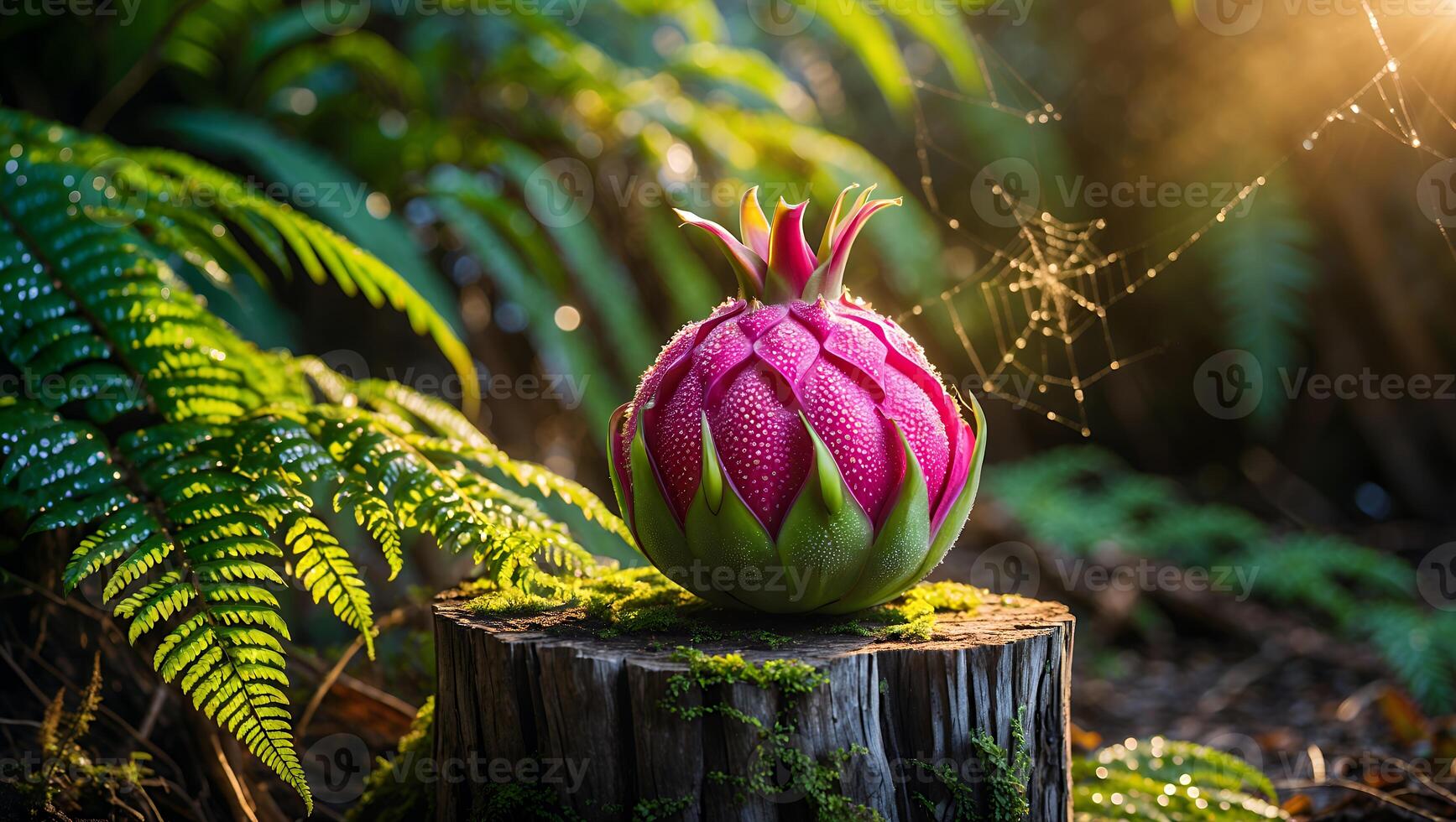 Glowing Forest Blossom on Mossy Stump Surrounded by Lush Ferns photo