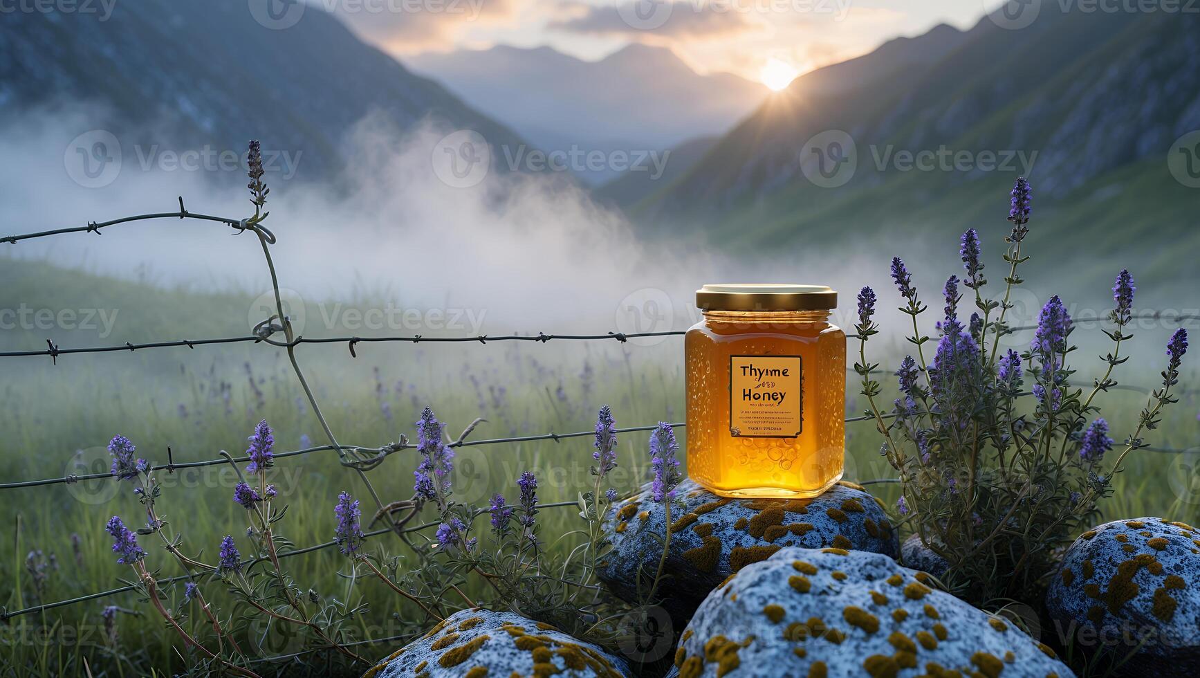 Golden Honey Jar Displayed on Mossy Rocks with Mountain Background photo