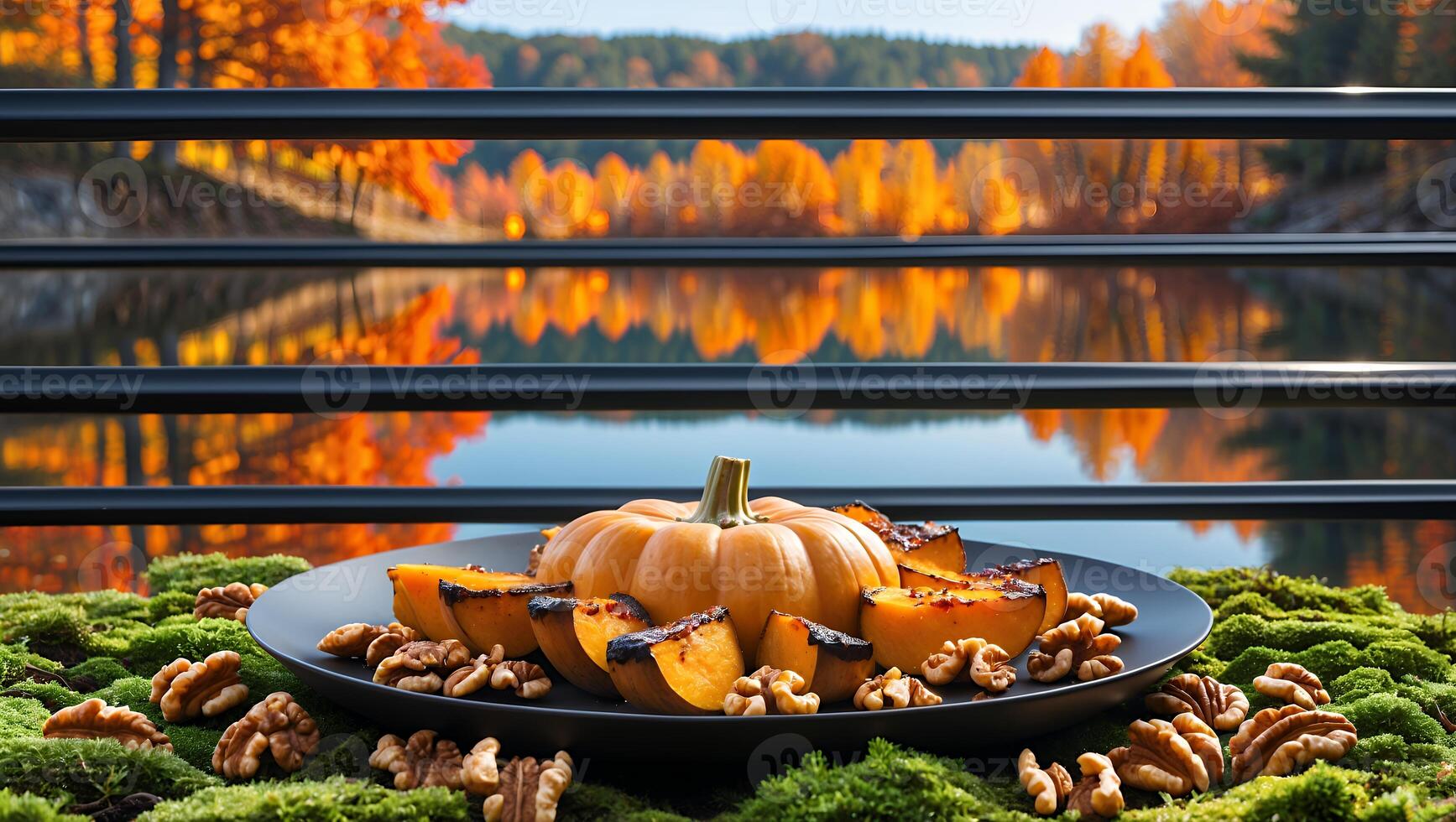 Pumpkin Slices and Walnuts with Autumn Trees Reflection on Water photo