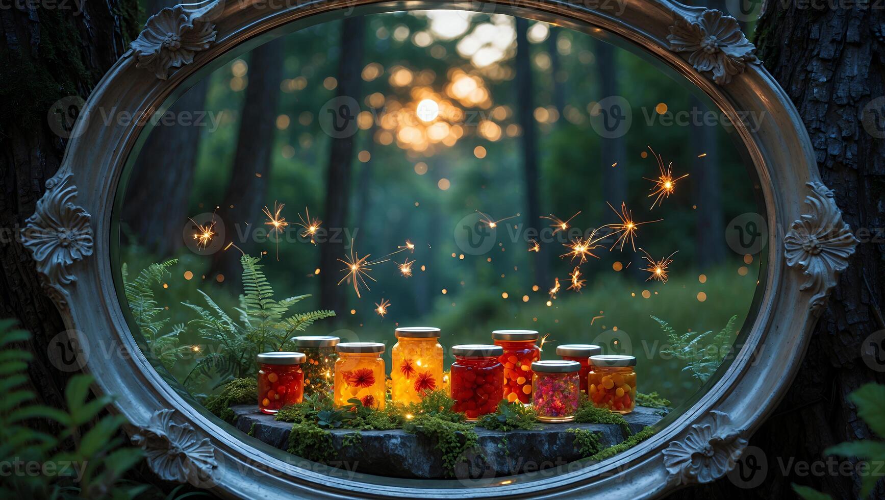 Glowing Jars with Flowers in Forest Framed by an Antique Mirror photo