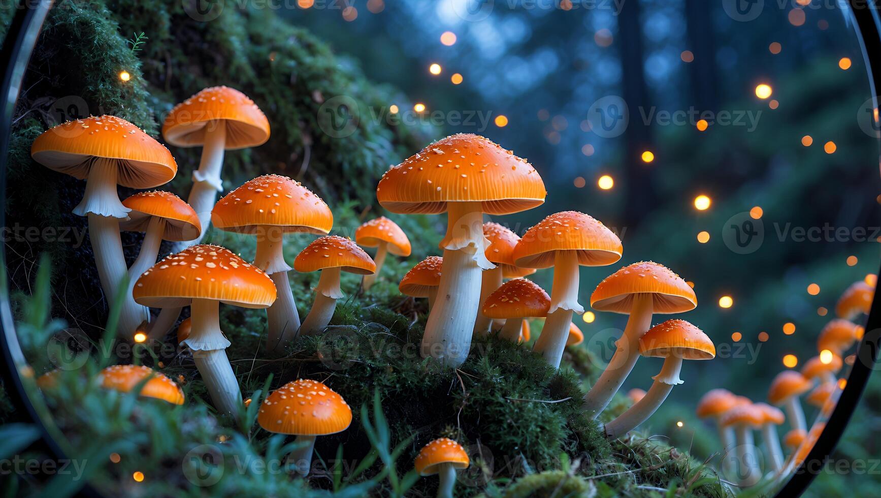 Group of Orange Mushrooms Growing in Forest with Bokeh Lights photo