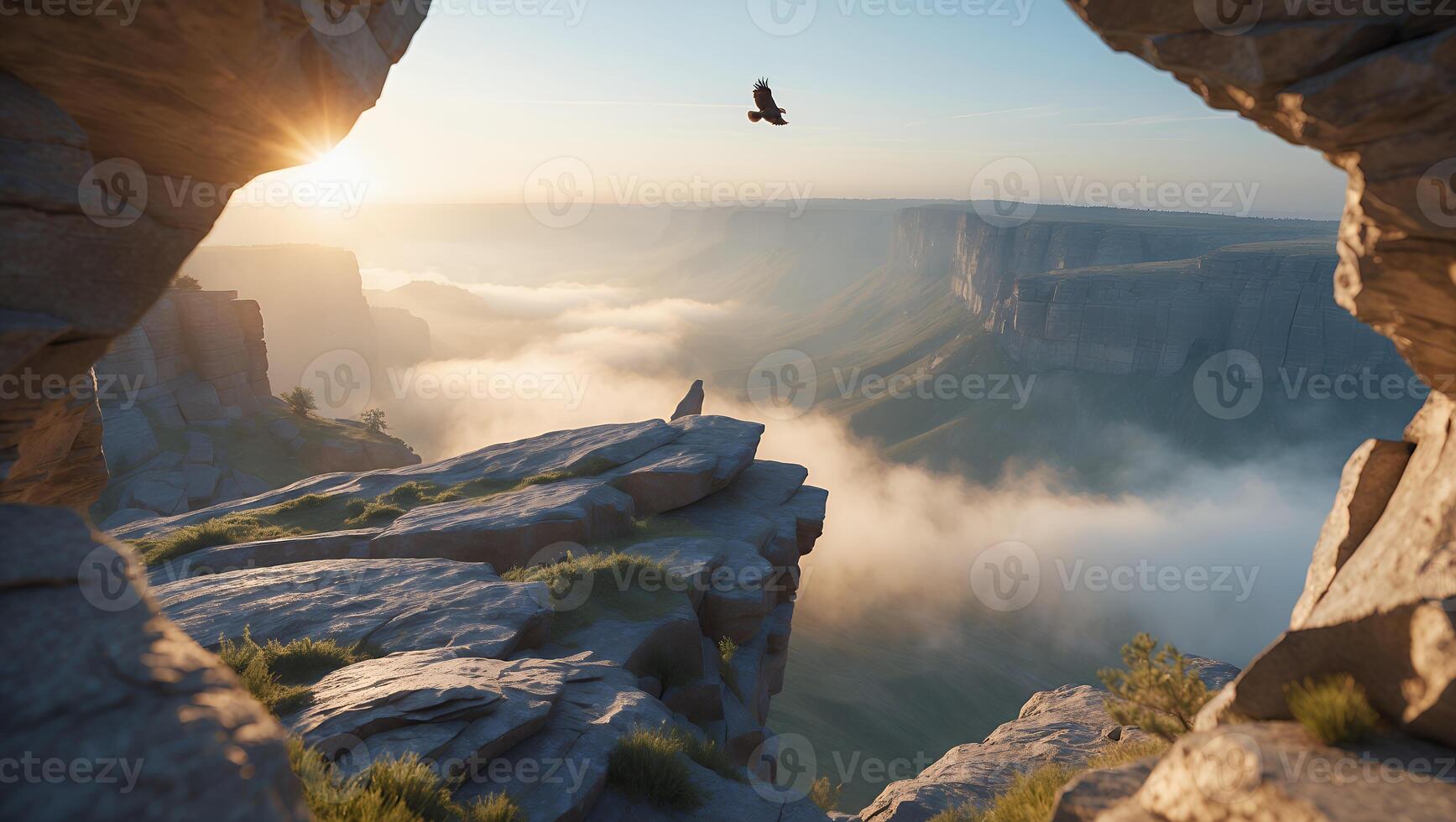 Bird Flying Above Majestic Canyon at Sunrise with Foggy Background photo