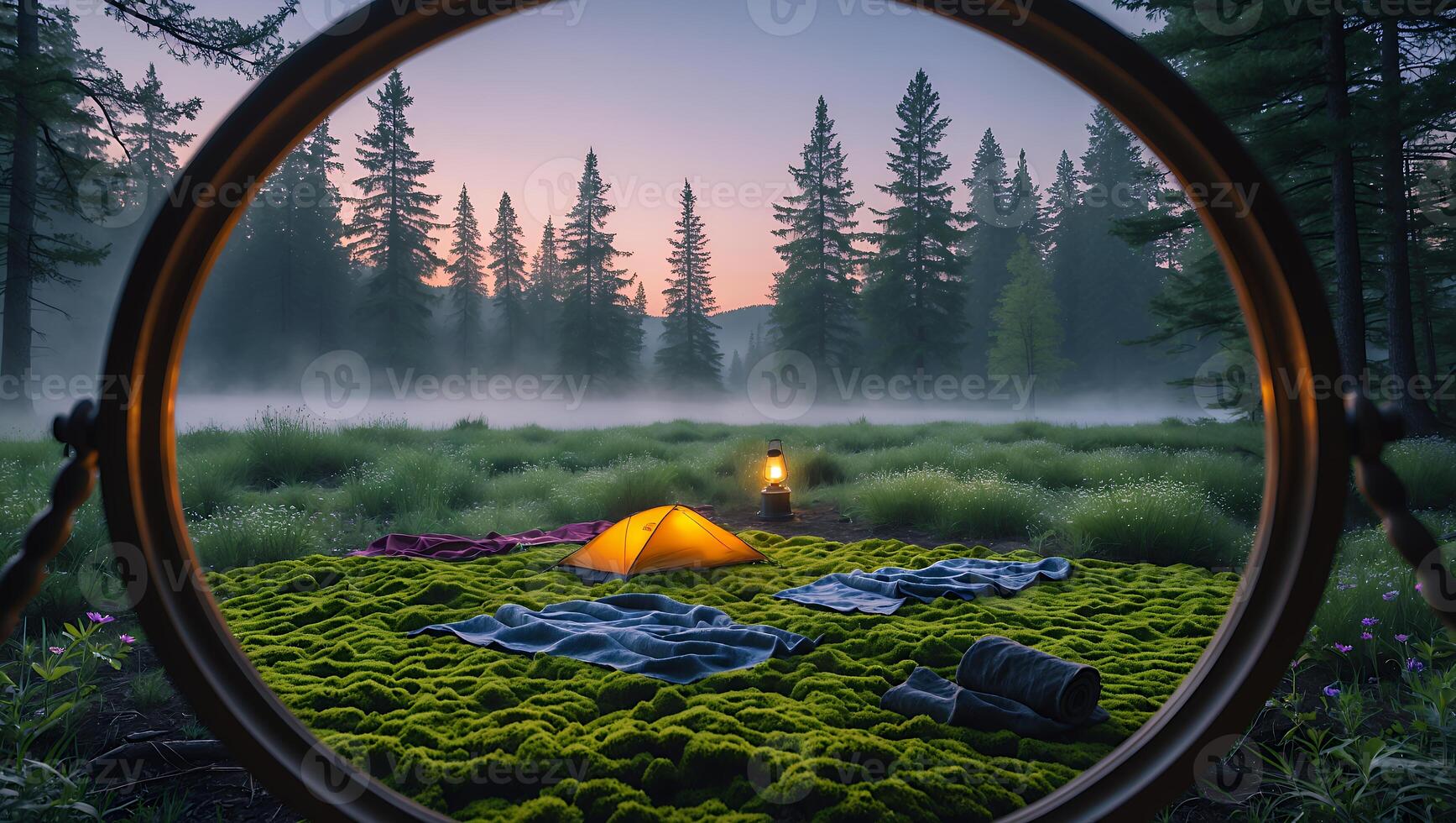 Camping in Nature View Through a Portal with Tent and Lantern photo