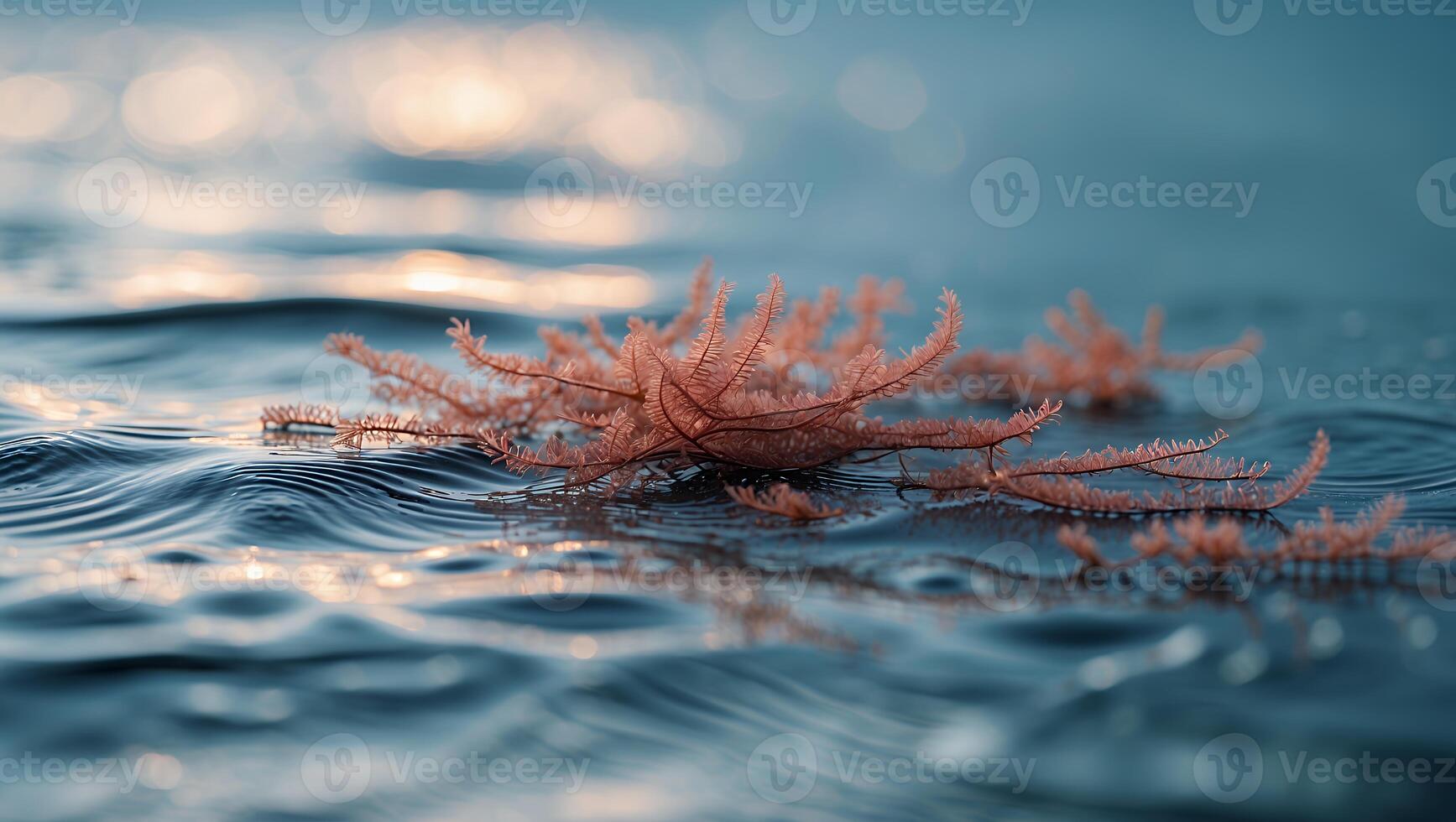 Seaweed Floating on Water Surface at Golden Hour with Soft Focus photo