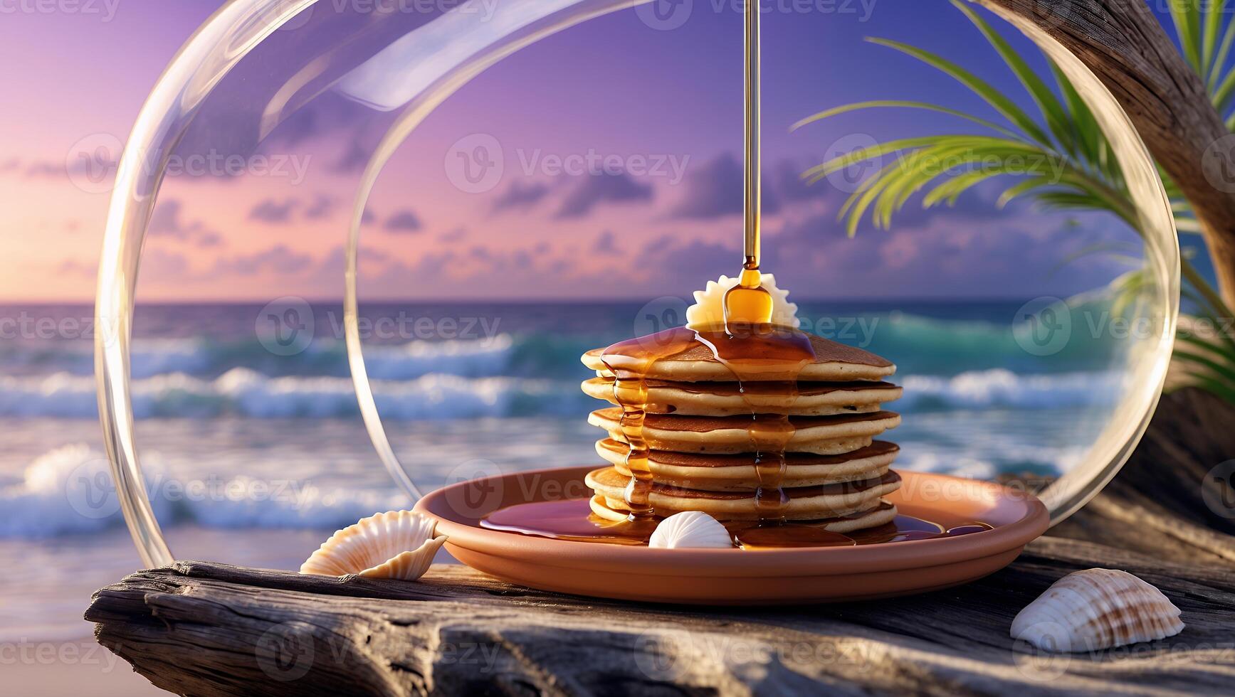 Pancake Stack with Syrup Pouring on a Beach at Sunset photo