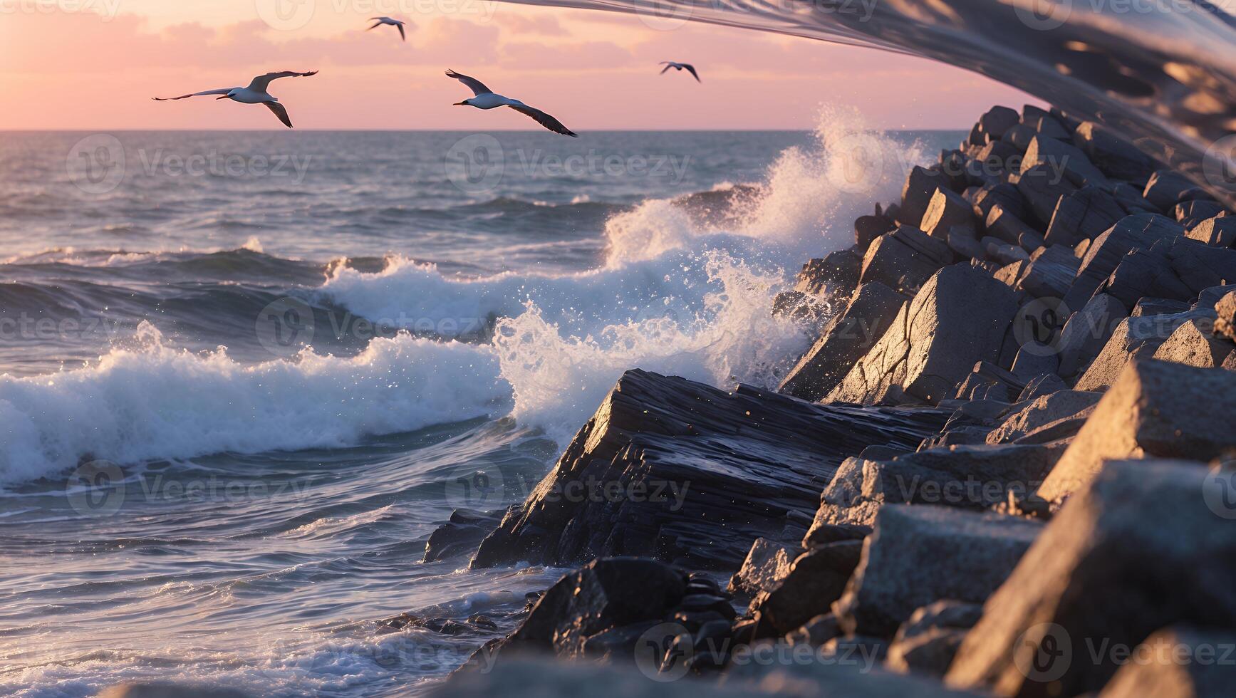 Waves Crashing on Rocky Shoreline with Birds Flying at Sunset photo