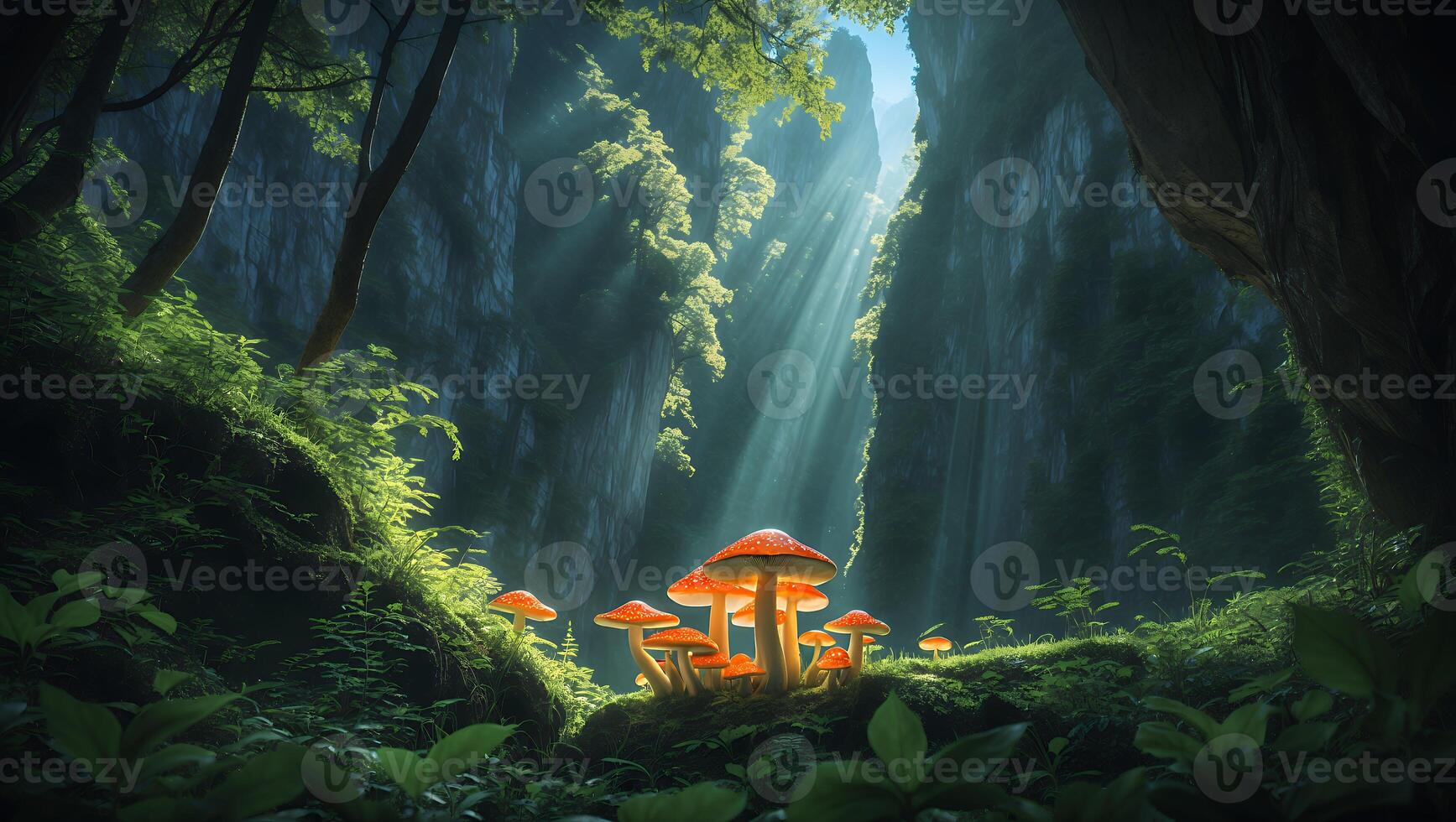 Glowing Mushrooms in Forest Canyon with Light Rays Shining Through photo
