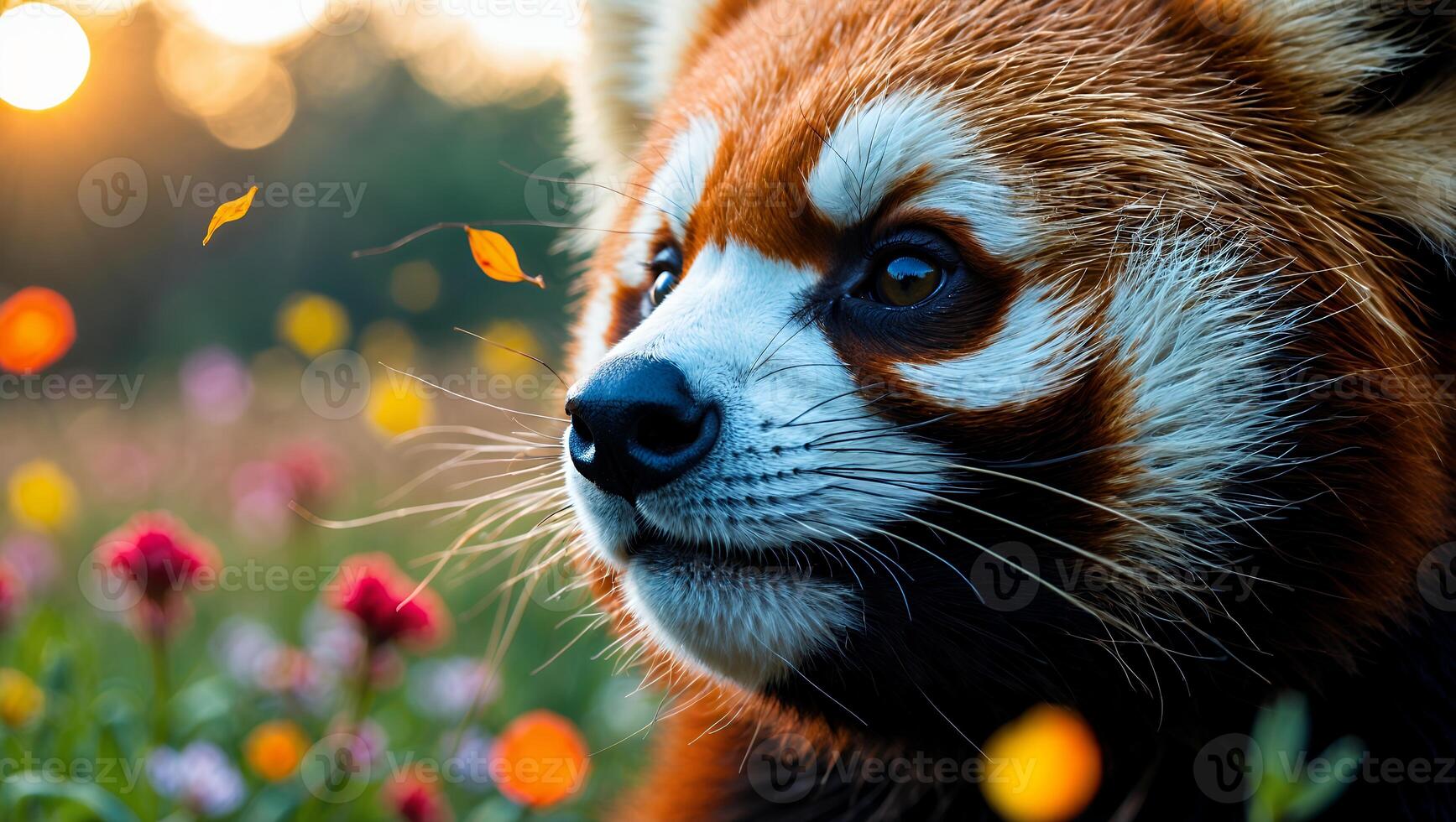 Red Panda Gazing in a Flower Field Under Golden Sunlight photo