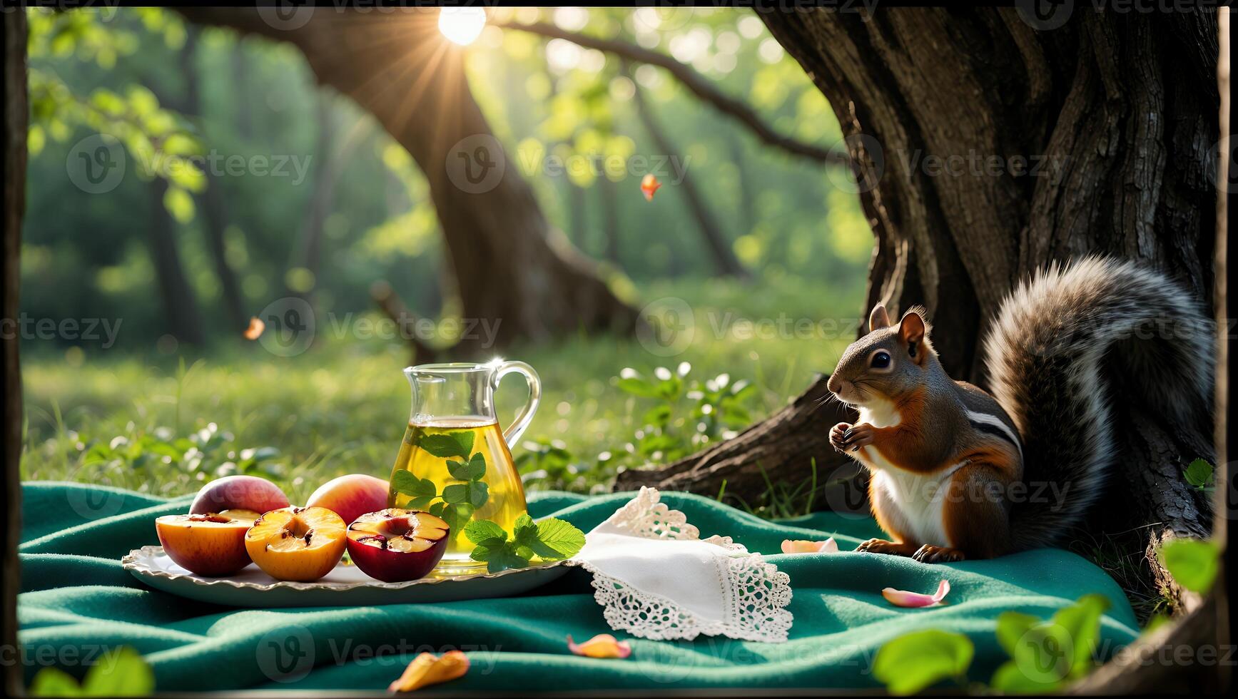 Squirrel Eating in Forest Picnic Scene with Fruit and Drink photo