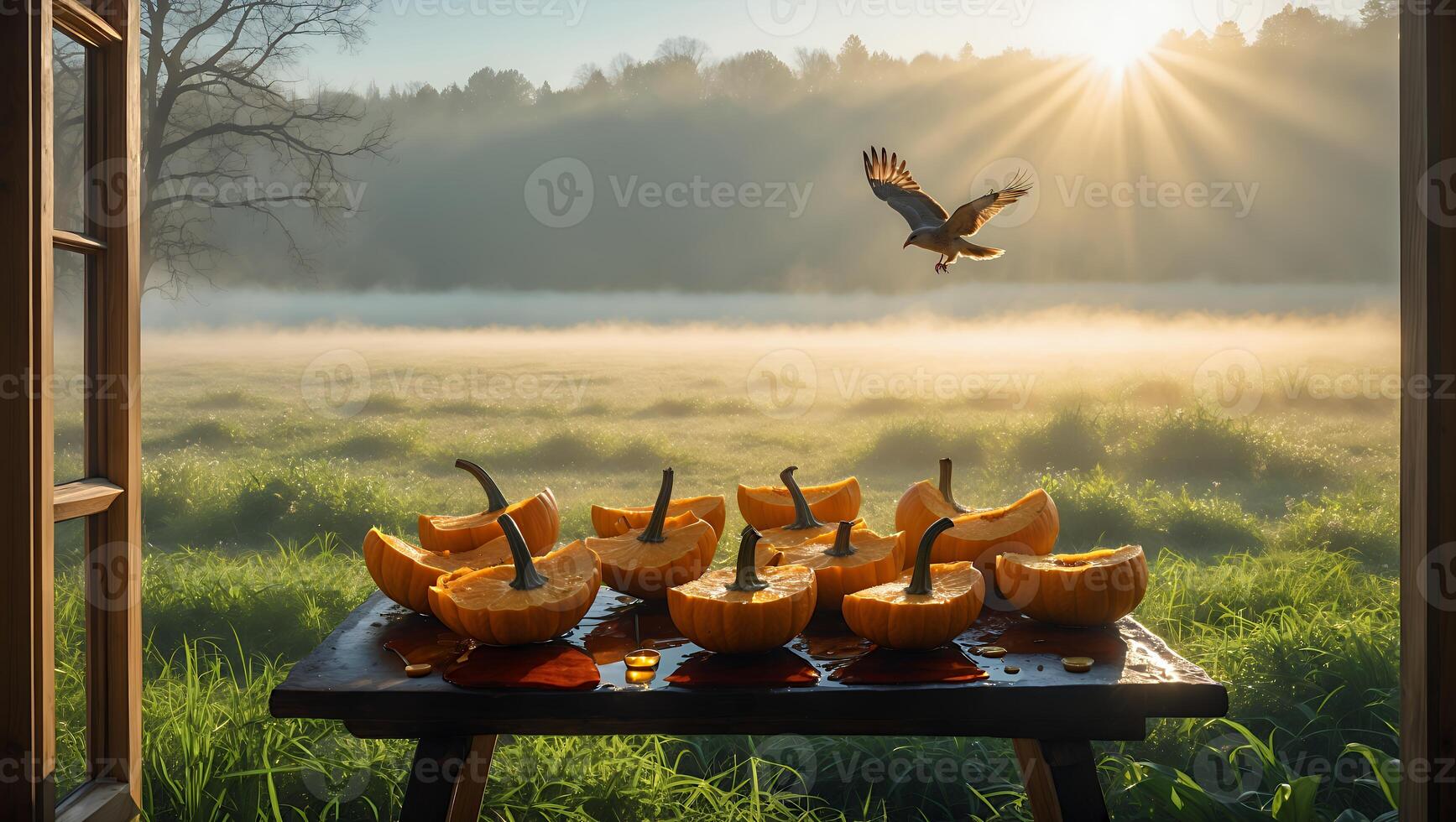 Pumpkins on Table with Misty Meadow View and Flying Bird photo
