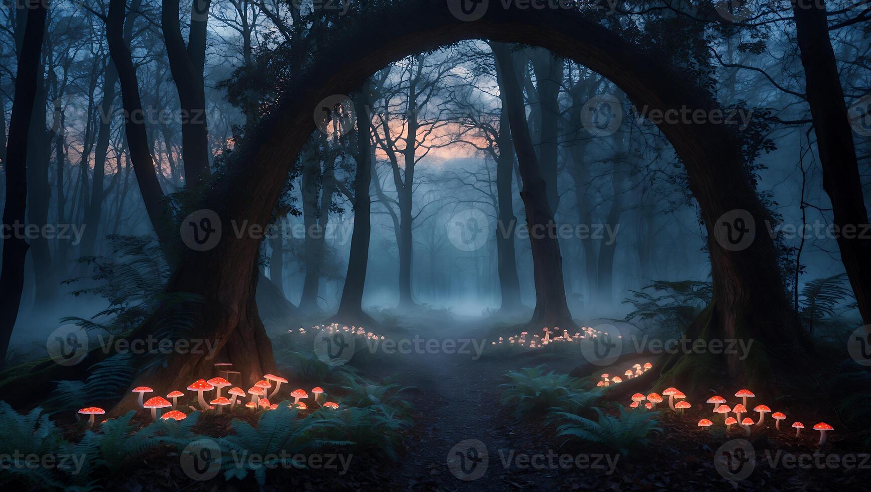 Glowing Mushrooms in Misty Forest Creates Enchanting Atmospheric Woodland Scene photo