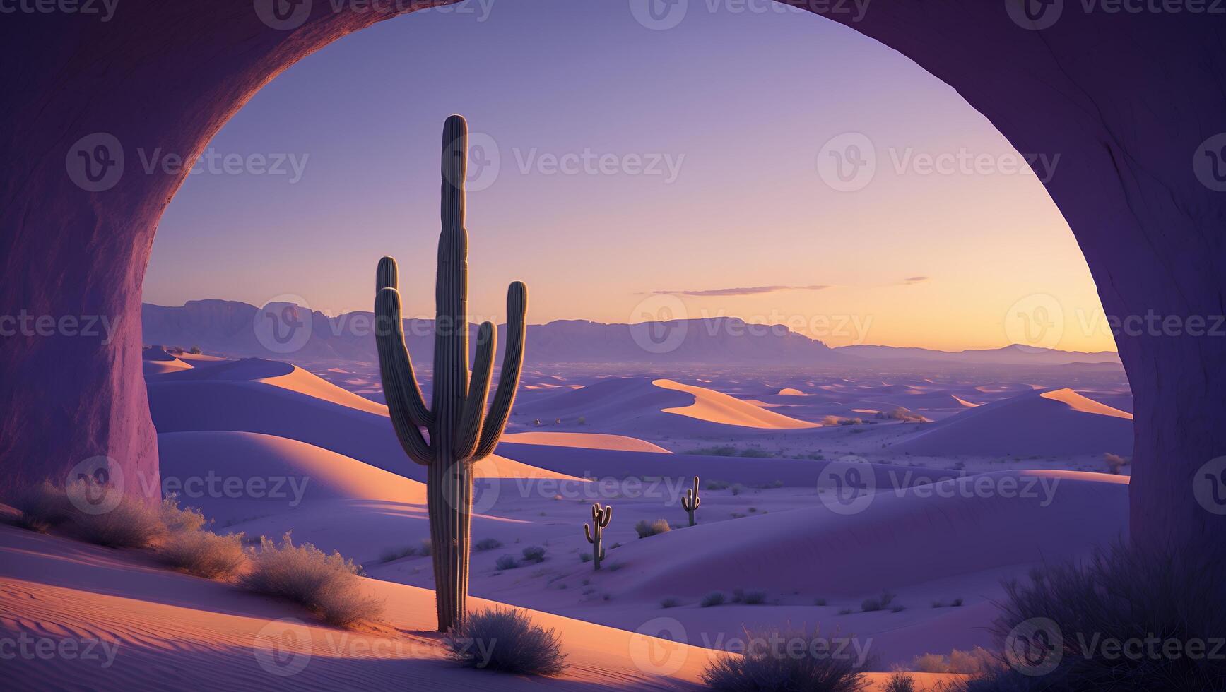 Cactus in Desert Landscape Under Arch at Sunset with Sand Dunes photo