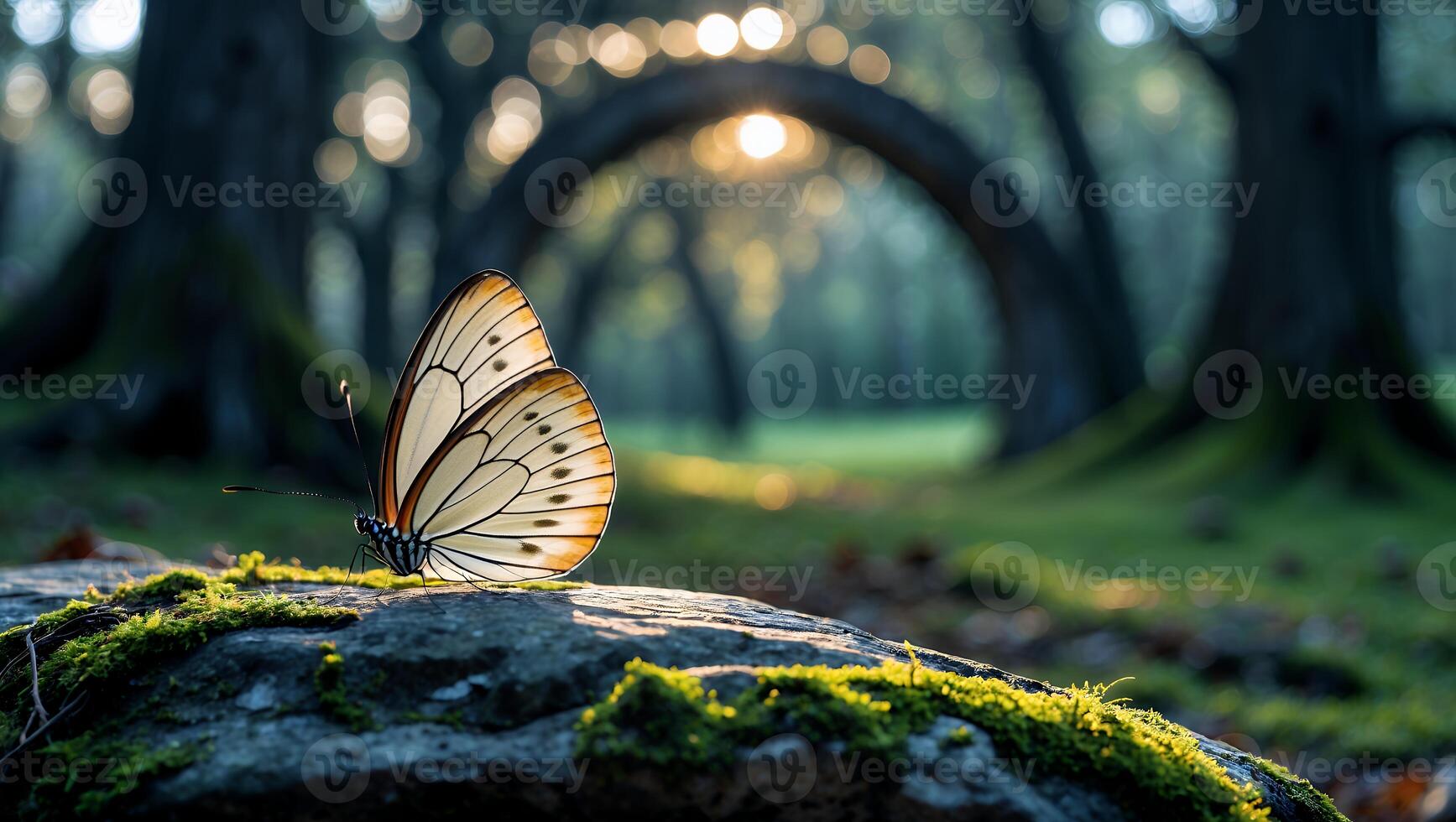 Butterfly Resting on Mossy Rock in Forest at Sunset Light photo