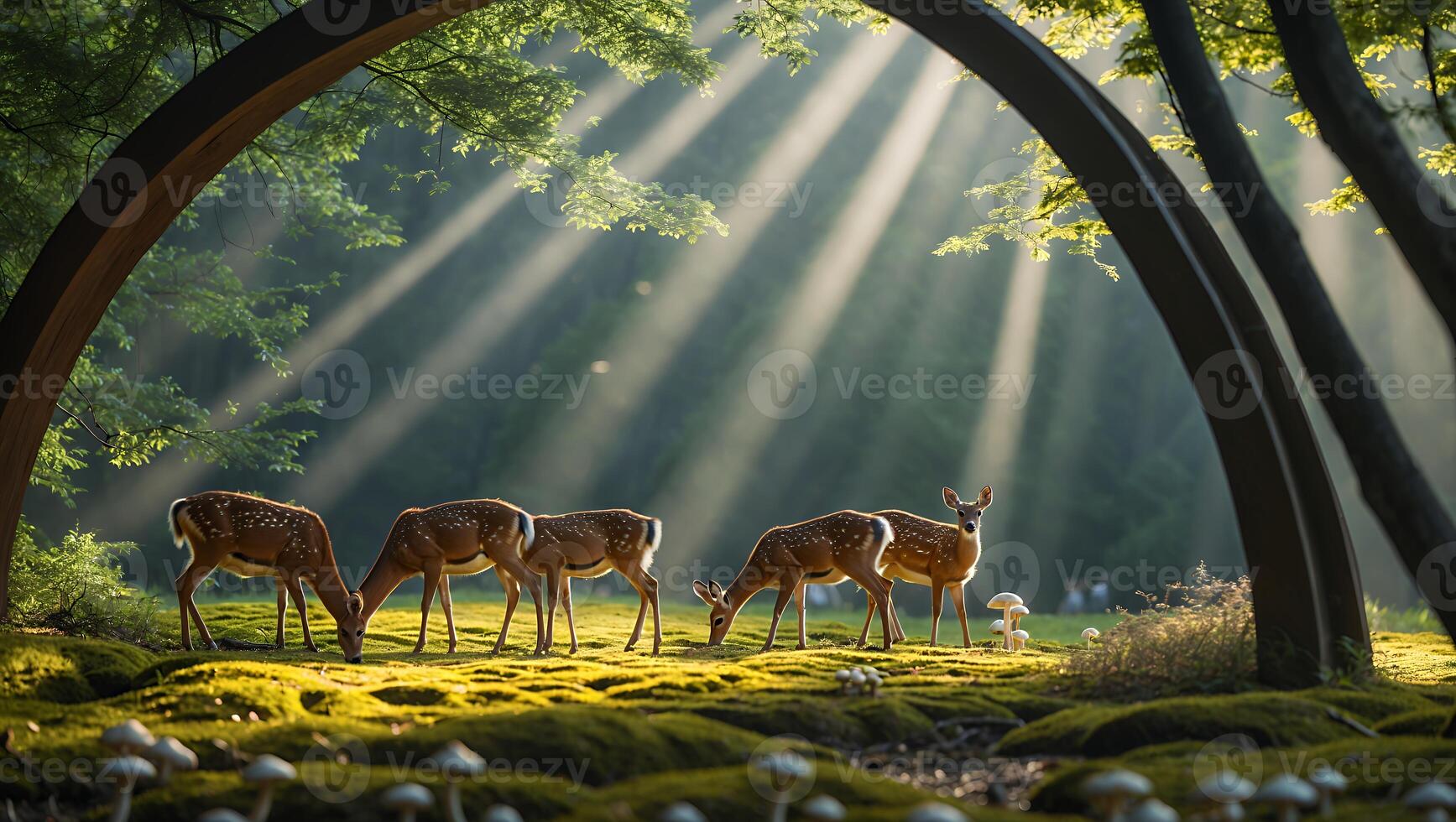 Deer Grazing in Forest Meadow with Sunlight Through Trees photo