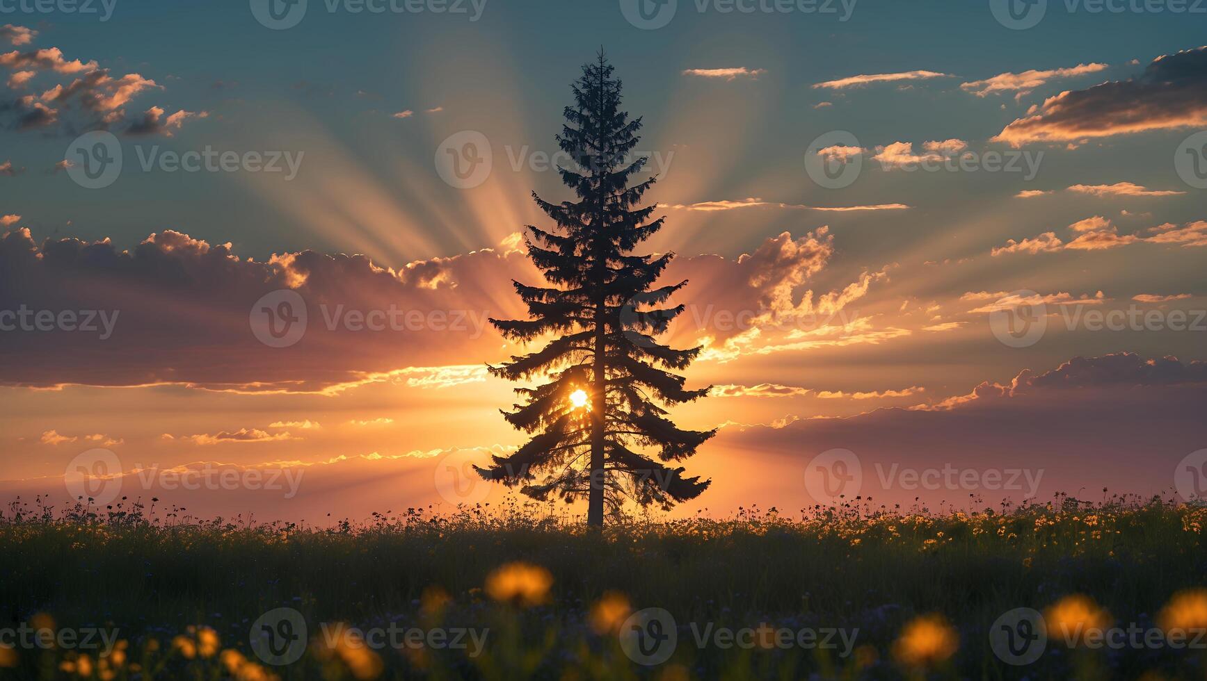 Silhouette of a Single Fir Tree During Golden Hour Sunset in Field photo