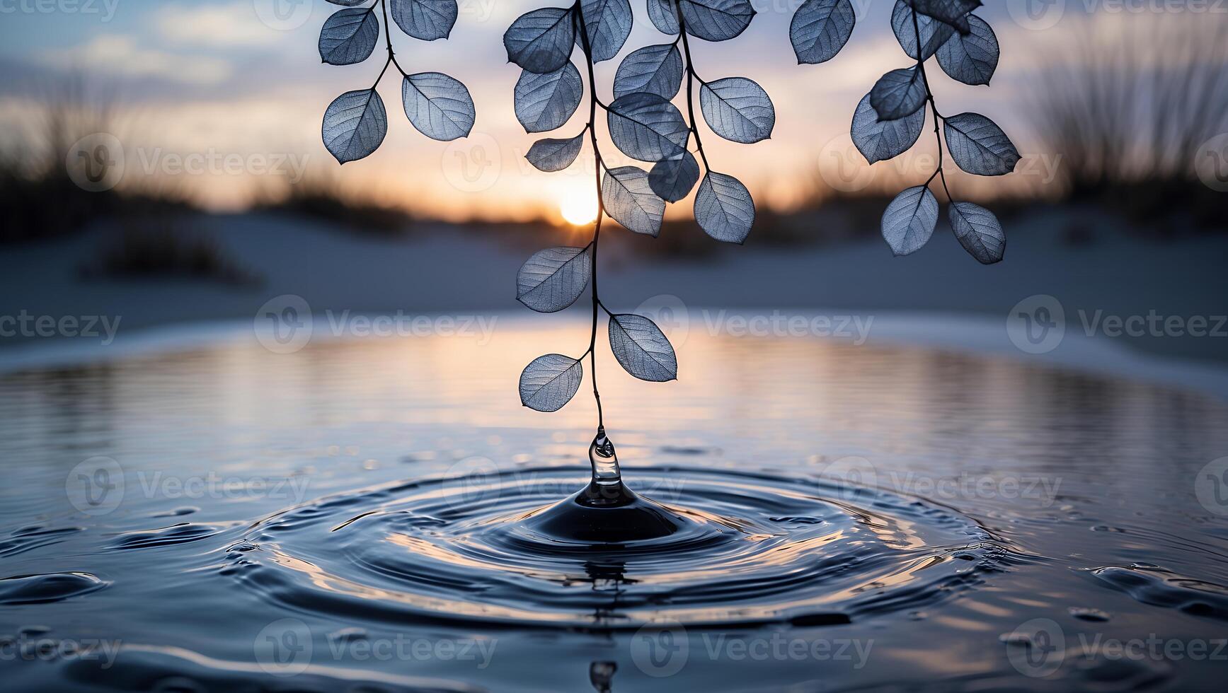 Water Drop Falling From Leaf Creating Ripples at Sunset photo