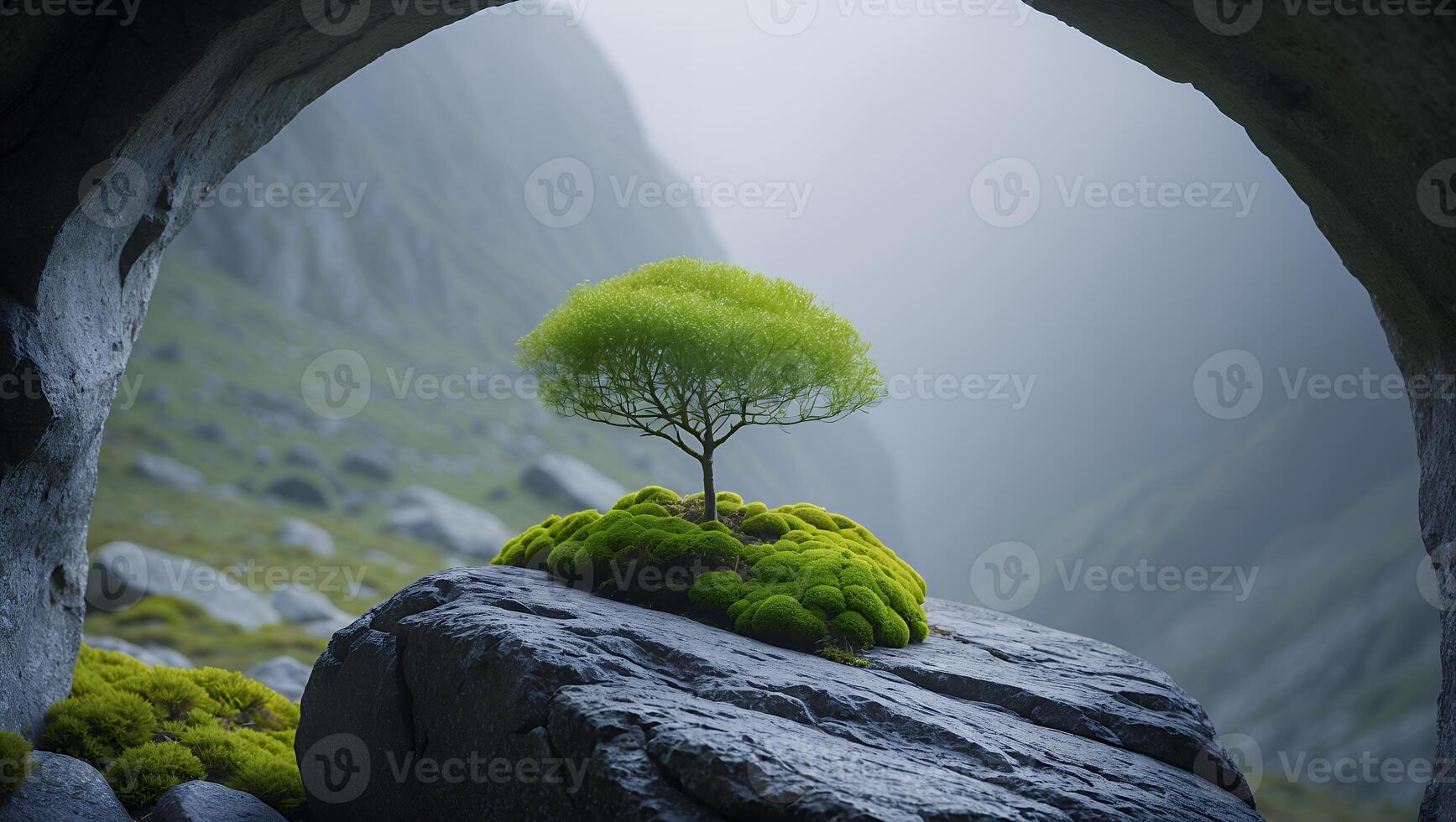 Tree Growing on Rock with Moss Through Cave Opening Landscape photo