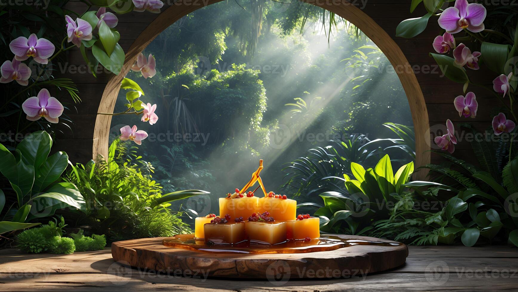 Delicious Mango Dessert Displayed in Lush Garden Setting with Sun Rays photo