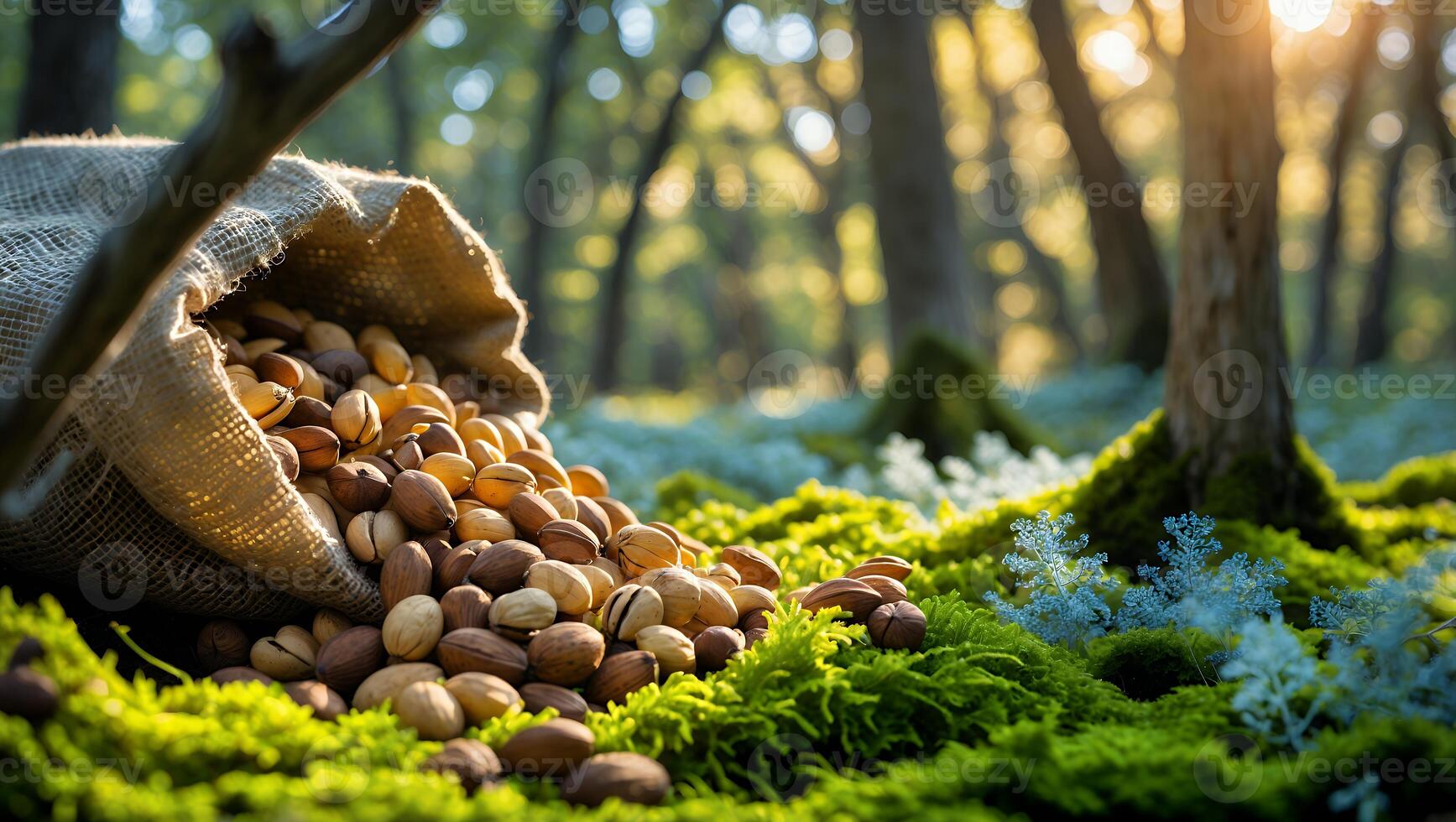 Nuts Spilling From Burlap Sack in Forest with Moss photo