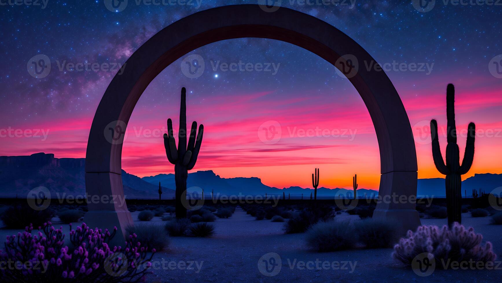 Desert Landscape with Cactus Silhouette and Celestial Sky at Twilight photo