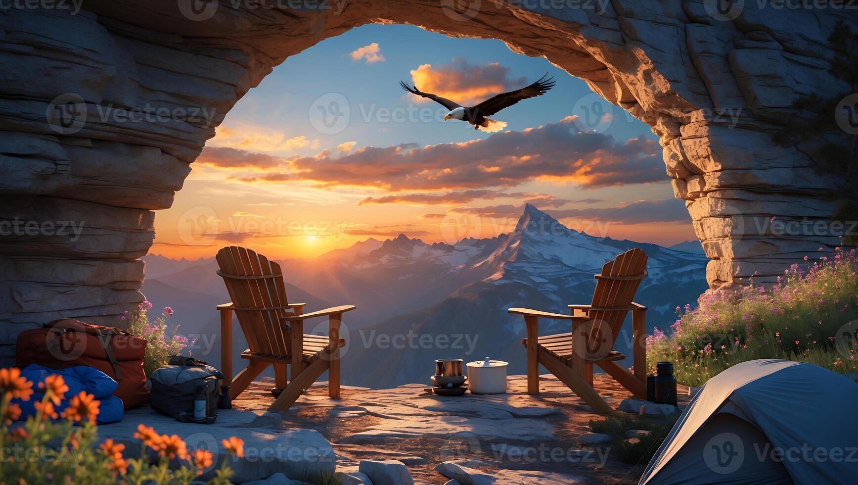 Camping Site with Scenic Mountain Views and Bird in Flight photo